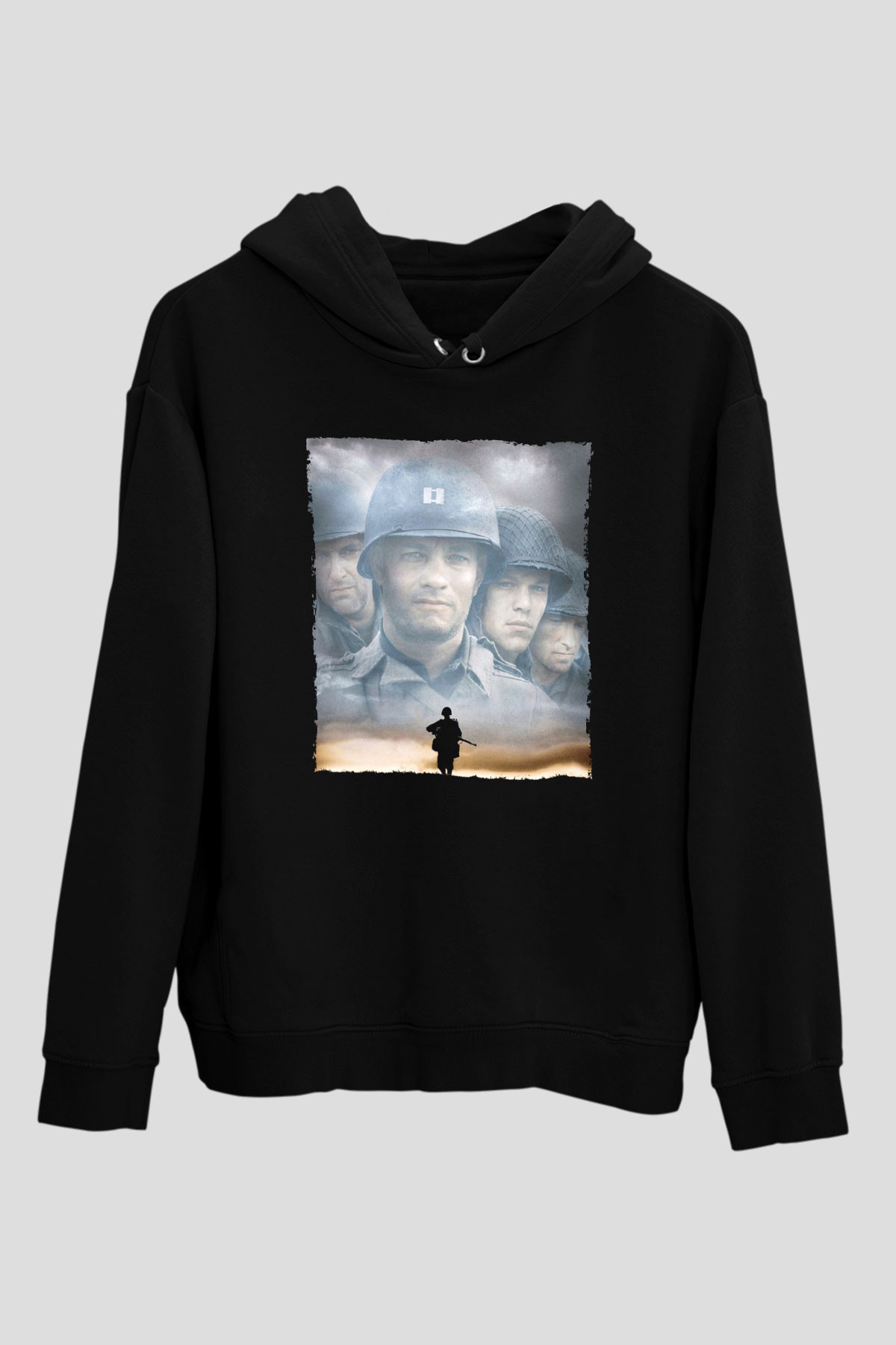 Unisex Er Ryanı Kurtarmak (Saving Private Ryan) Baskılı Siyah Kapüşonlu Sweatshirt