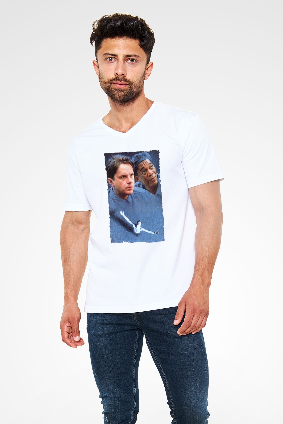 Unisex Esaretin Bedeli (The Shawshank Redemption) Baskılı Beyaz V Yaka Tişört