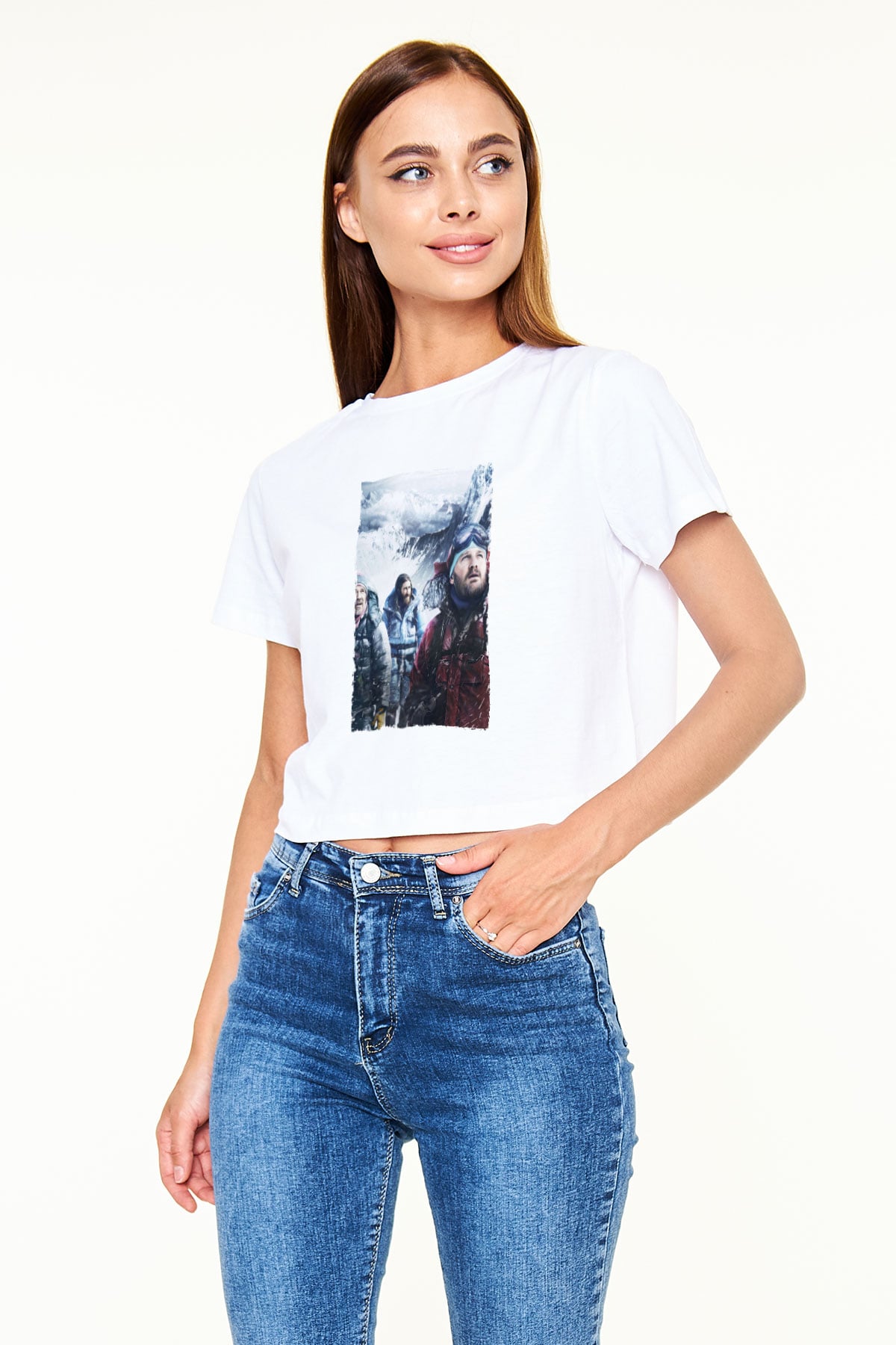 Unisex Everest Dağı Baskılı Beyaz Crop Top Tshirt