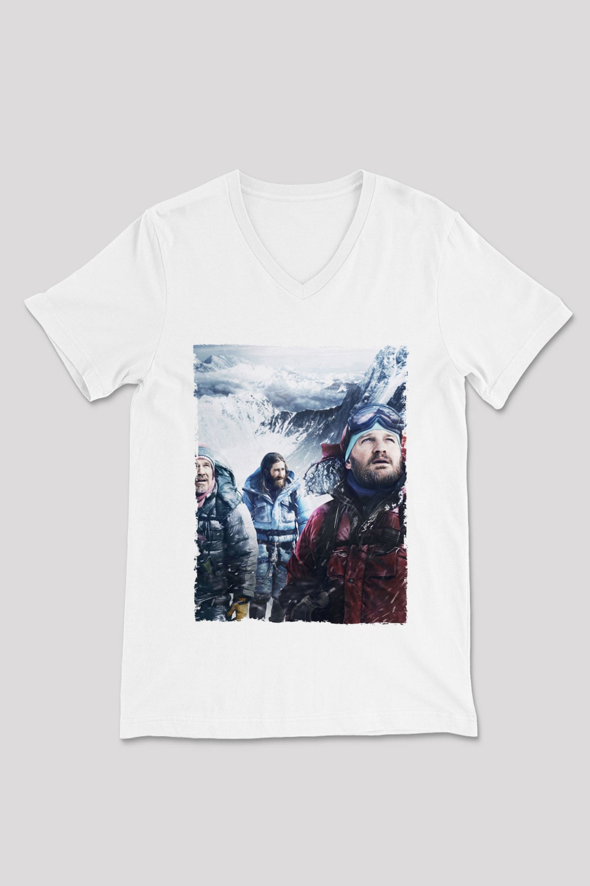 Unisex Everest Dağı Baskılı Beyaz V Yaka Tshirt