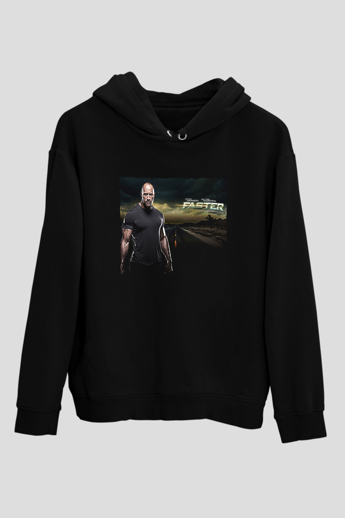 Unisex Faster Baskılı Siyah Kapüşonlu Sweatshirt