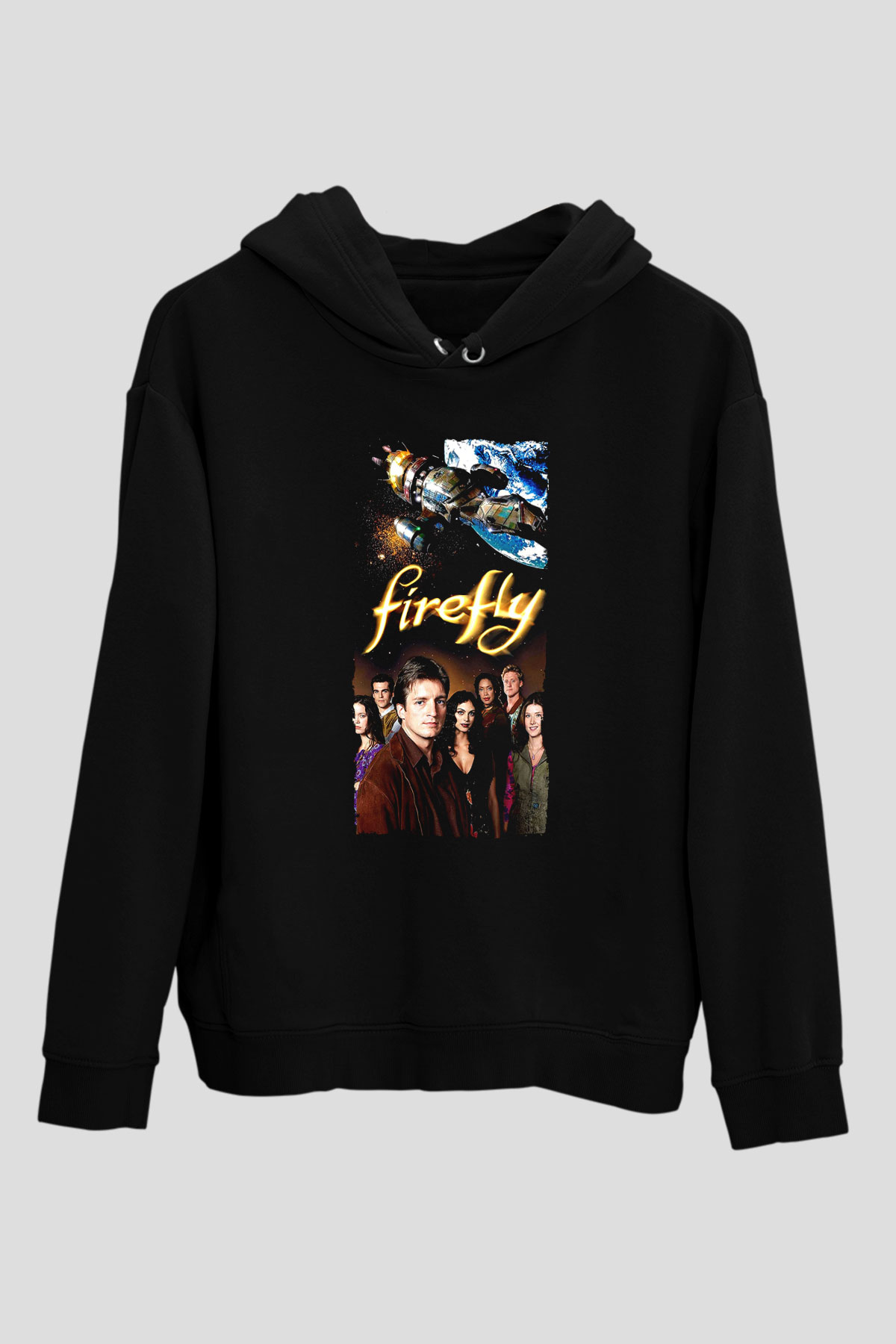 Unisex Firefly Baskılı Siyah Kapüşonlu Sweatshirt