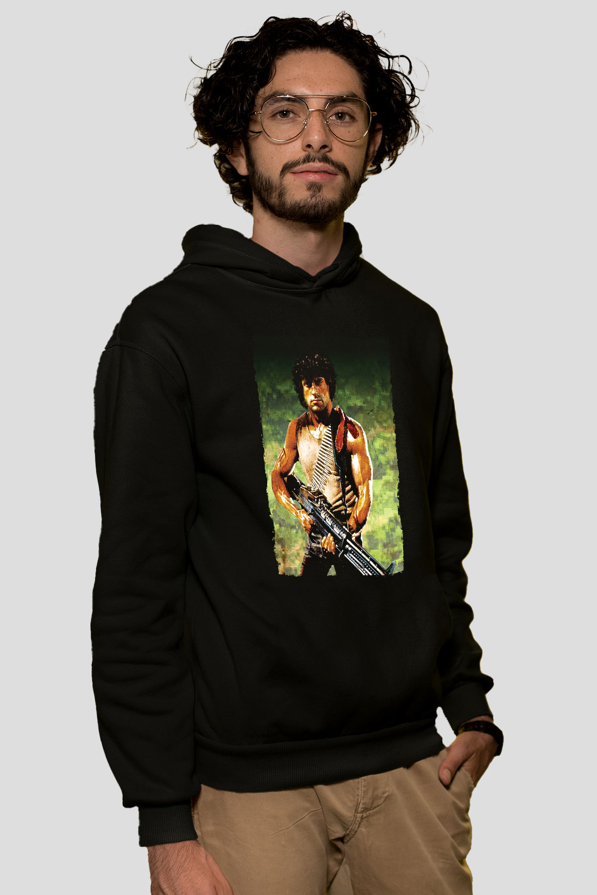 Unisex First Blood Baskılı Siyah Kapüşonlu Sweatshirt
