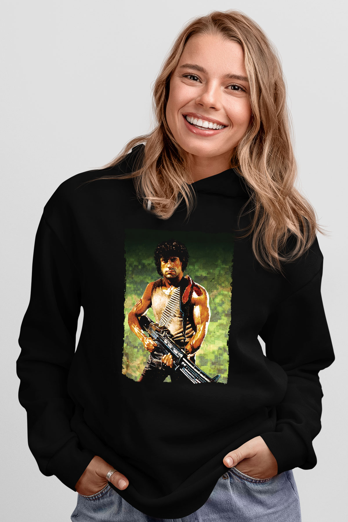Unisex First Blood Baskılı Siyah Kapüşonlu Sweatshirt