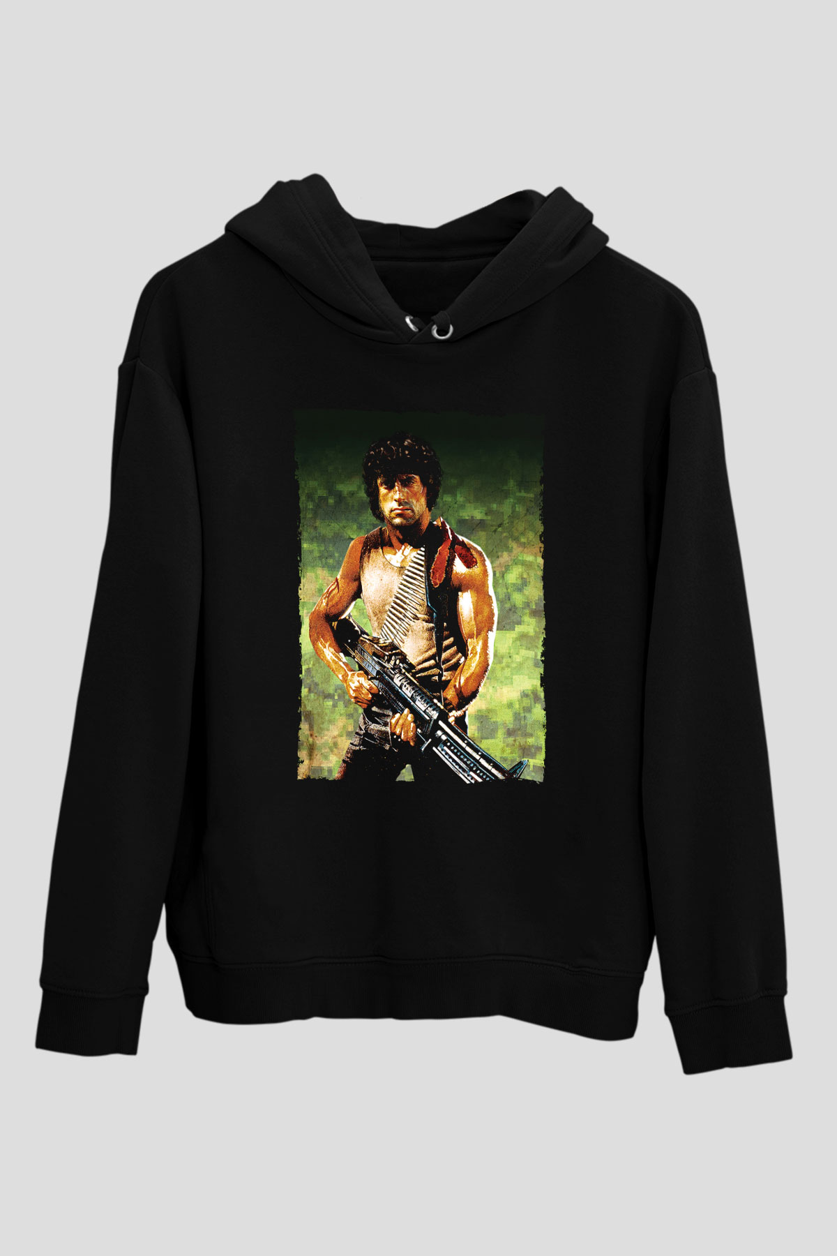Unisex First Blood Baskılı Siyah Kapüşonlu Sweatshirt