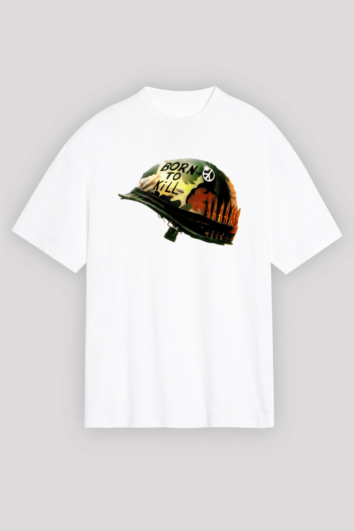 Unisex Full Metal Jacket Baskılı Beyaz Oversize Tişört