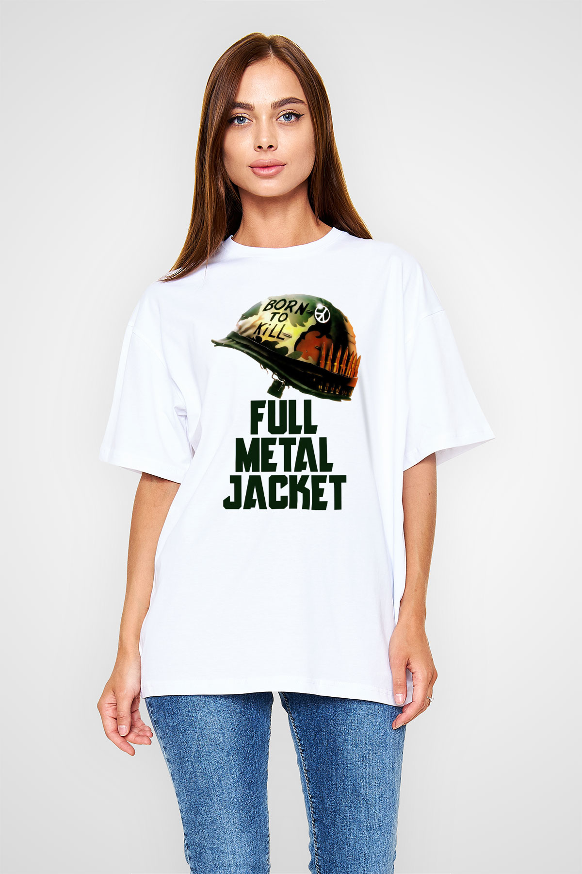 Unisex Full Metal Jacket Baskılı Beyaz Oversize Oversize T-shirt