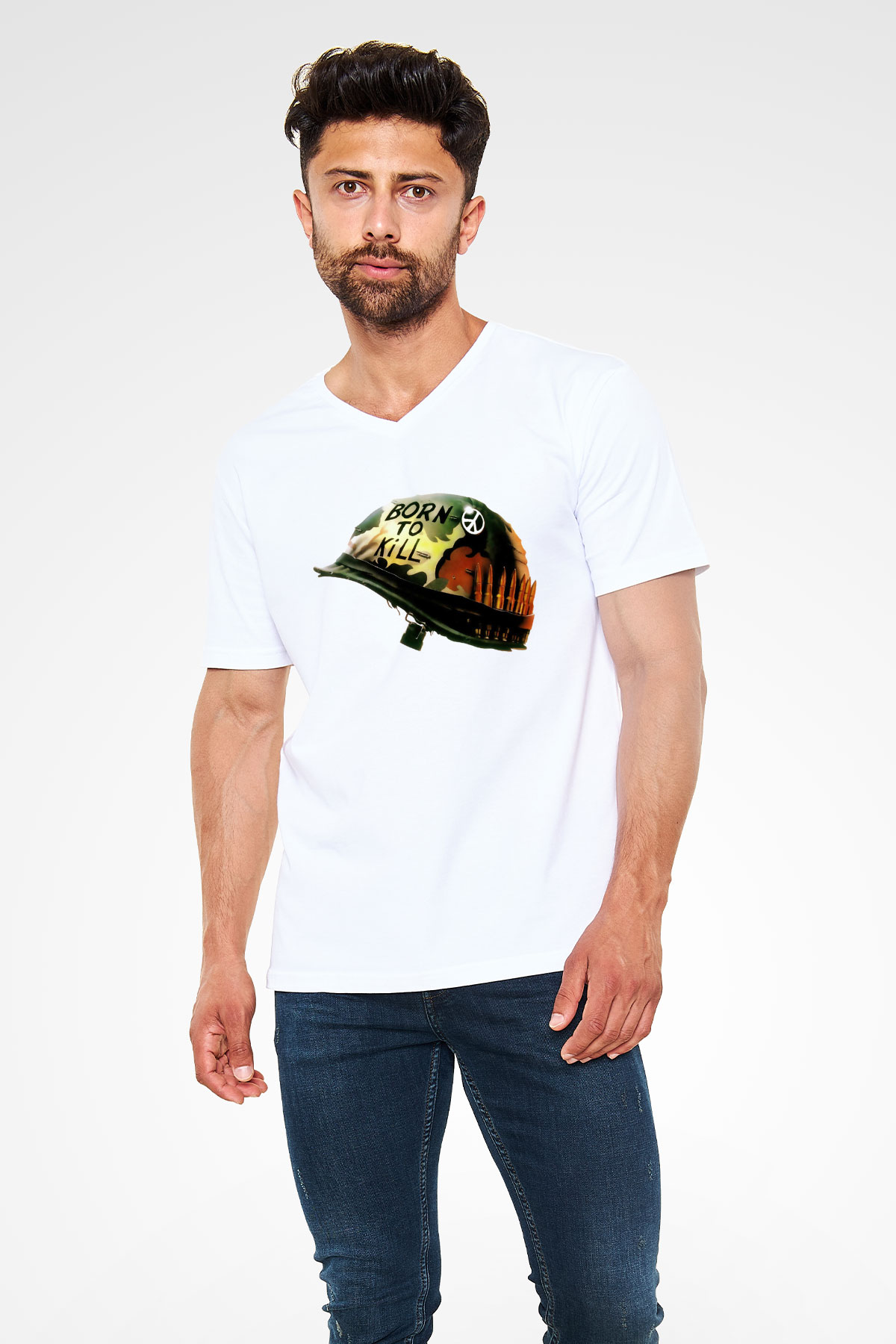 Unisex Full Metal Jacket Baskılı Beyaz V Yaka Tişört