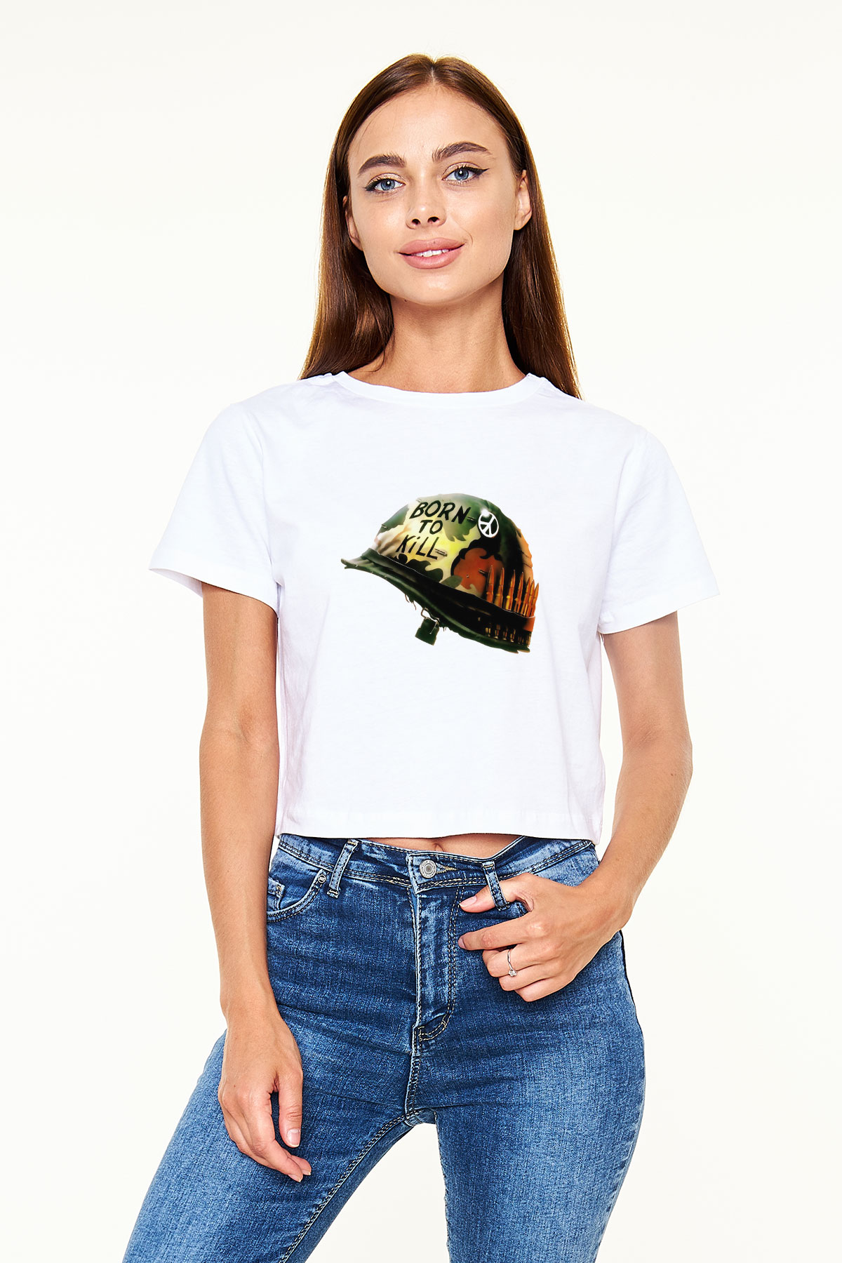 Unisex Full Metal Jacket Baskılı Beyaz Crop Top Tişört