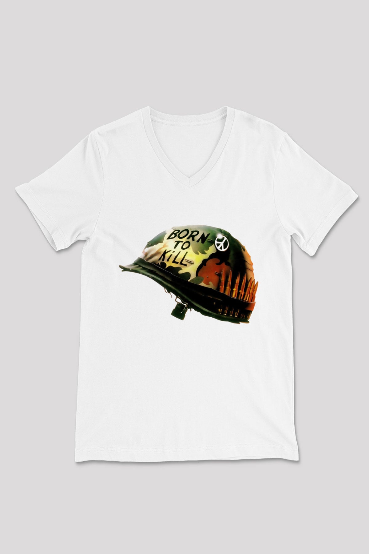 Unisex Full Metal Jacket Baskılı Beyaz V Yaka Tişört
