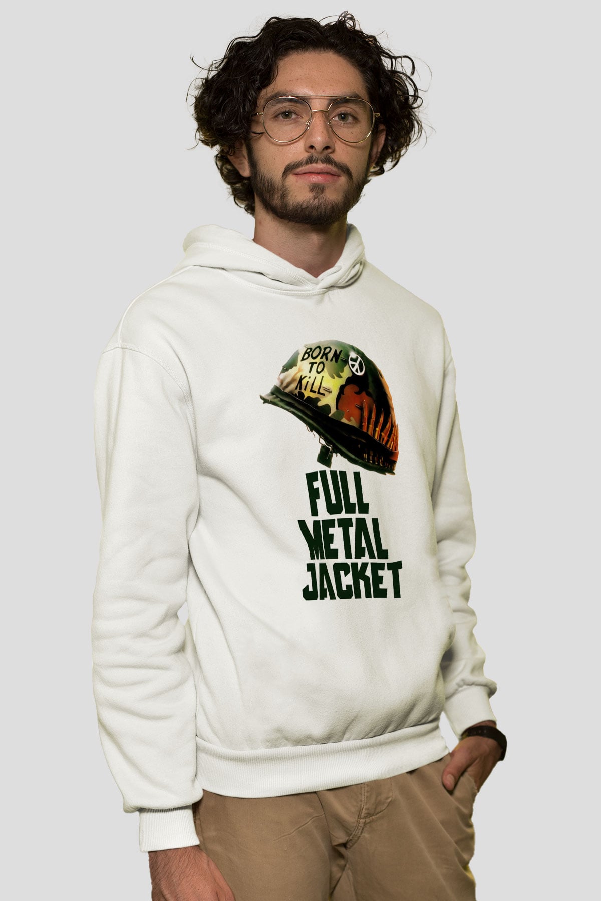 Unisex Full Metal Jacket Baskılı Beyaz Kapüşonlu Sweatshirt