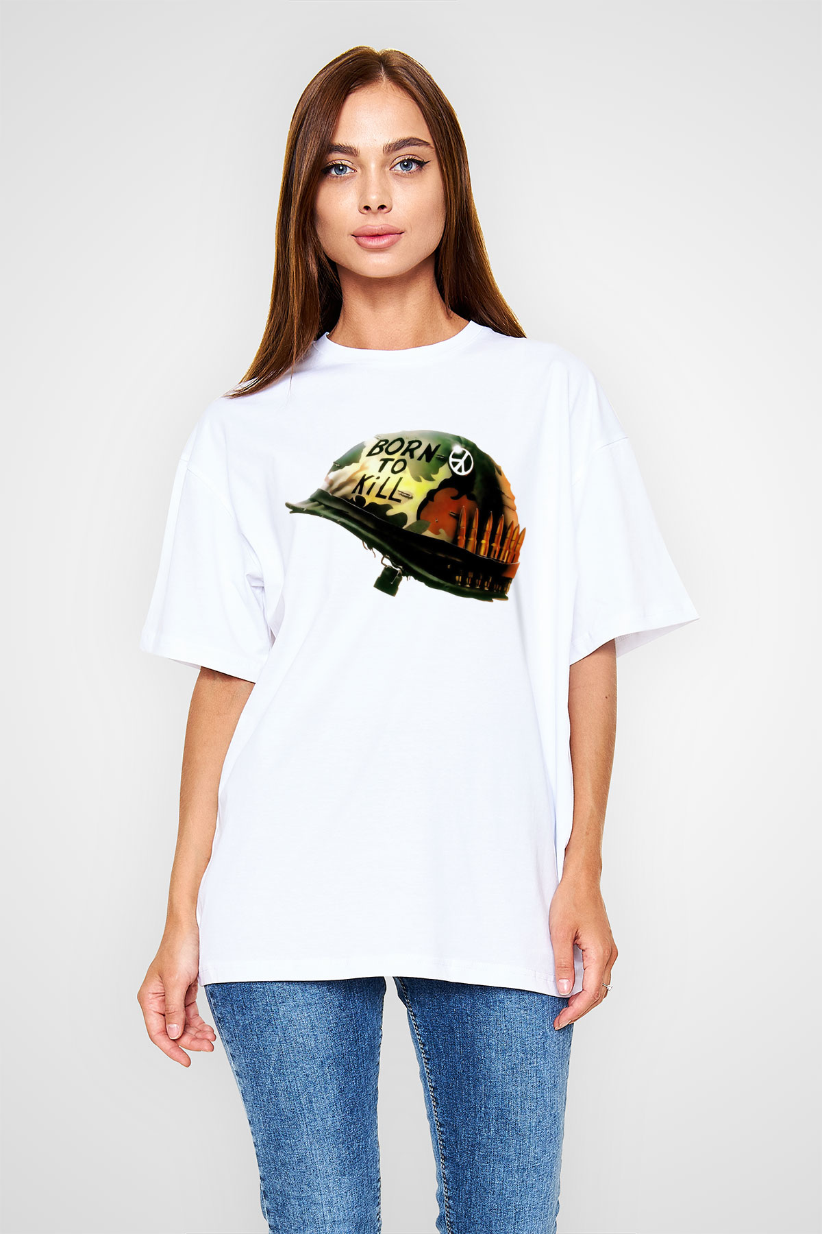 Unisex Full Metal Jacket Baskılı Beyaz Oversize Tişört