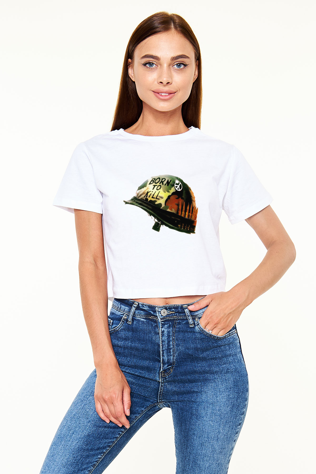 Unisex Full Metal Jacket Baskılı Beyaz Crop Top Tişört
