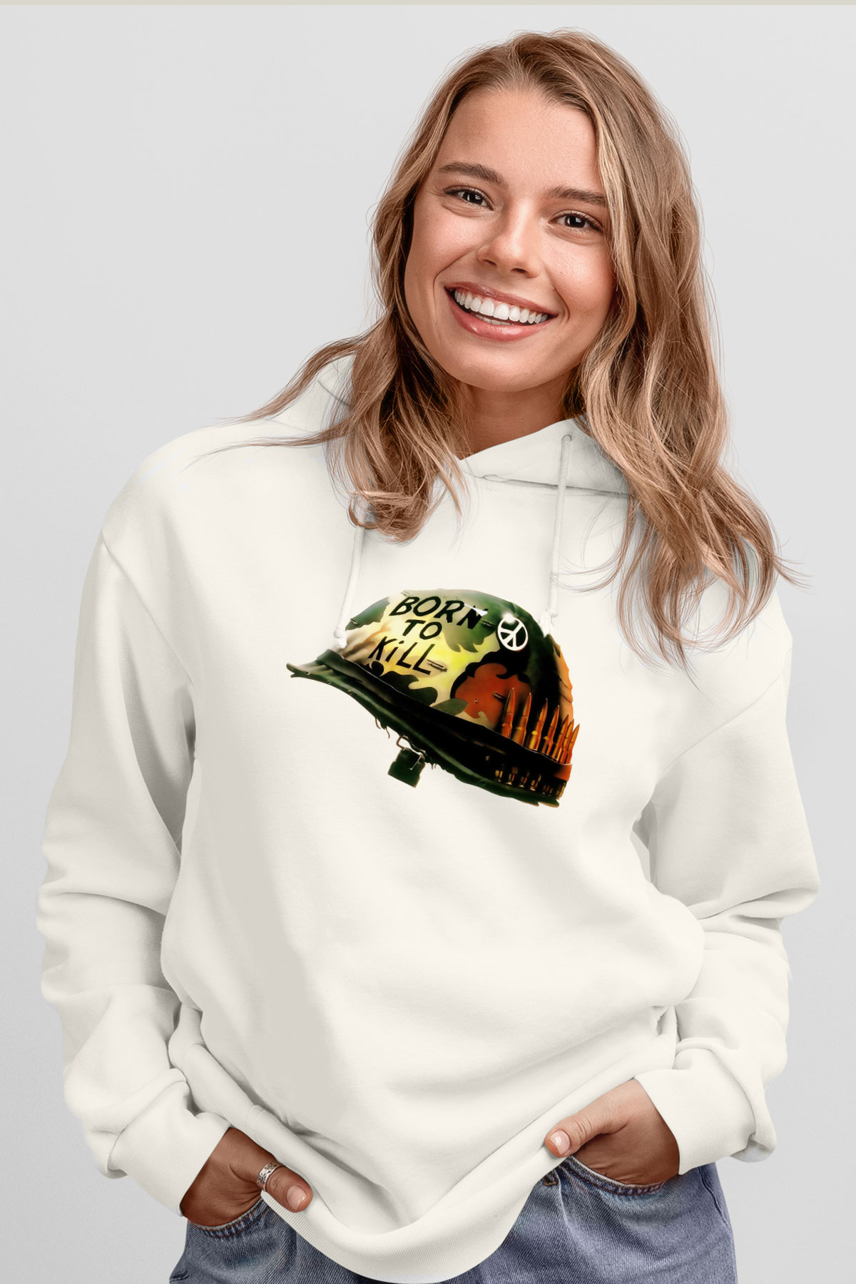 Unisex Full Metal Jacket Baskılı Beyaz Kapüşonlu Sweatshirt