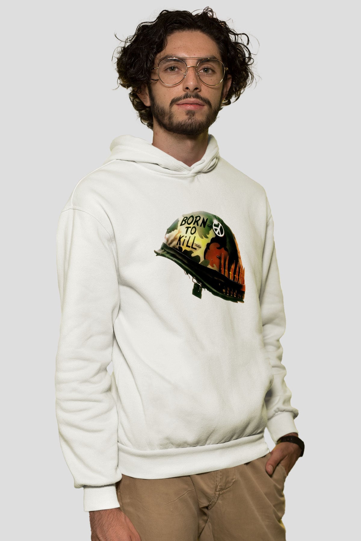 Unisex Full Metal Jacket Baskılı Beyaz Kapüşonlu Sweatshirt