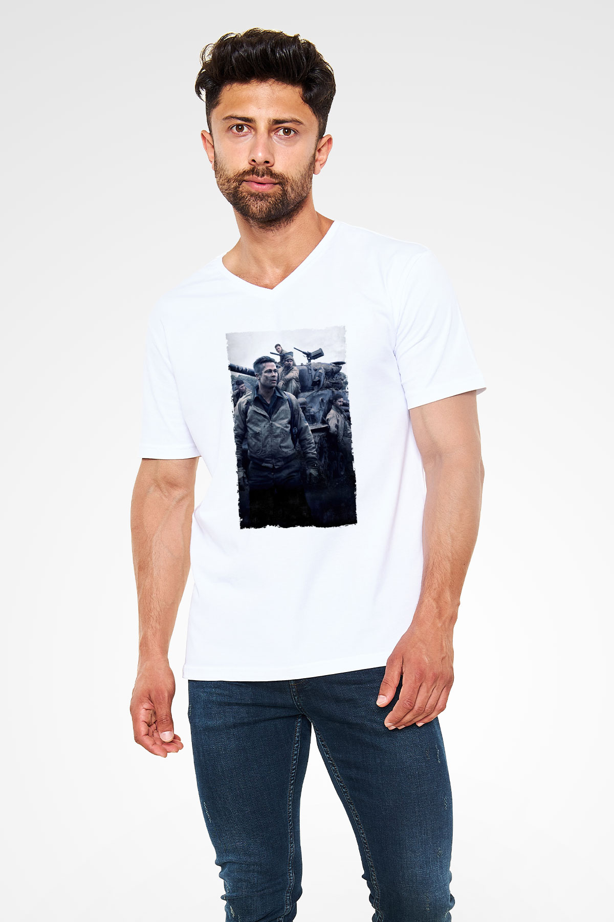 Unisex Fury Baskılı Beyaz V Yaka Tshirt