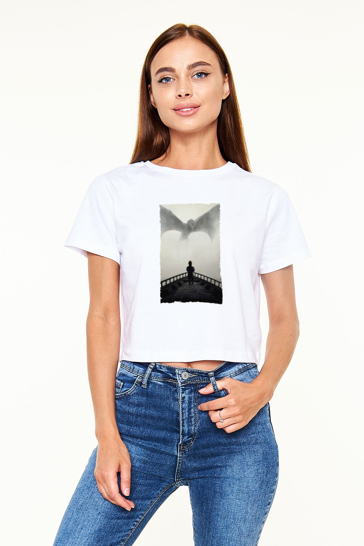 Unisex Game of Thrones Baskılı Beyaz Crop Top Tişört