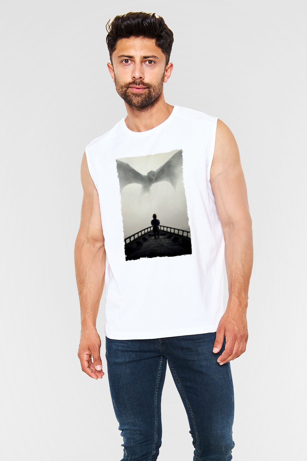 Unisex Game of Thrones Baskılı Beyaz Kolsuz Tişört