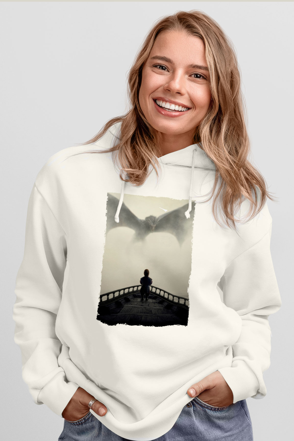 Unisex Game of Thrones Baskılı Beyaz Kapüşonlu Sweatshirt
