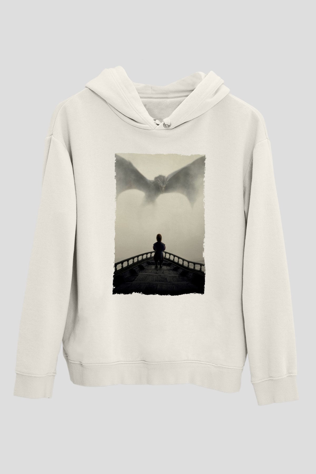 Unisex Game of Thrones Baskılı Beyaz Kapüşonlu Sweatshirt