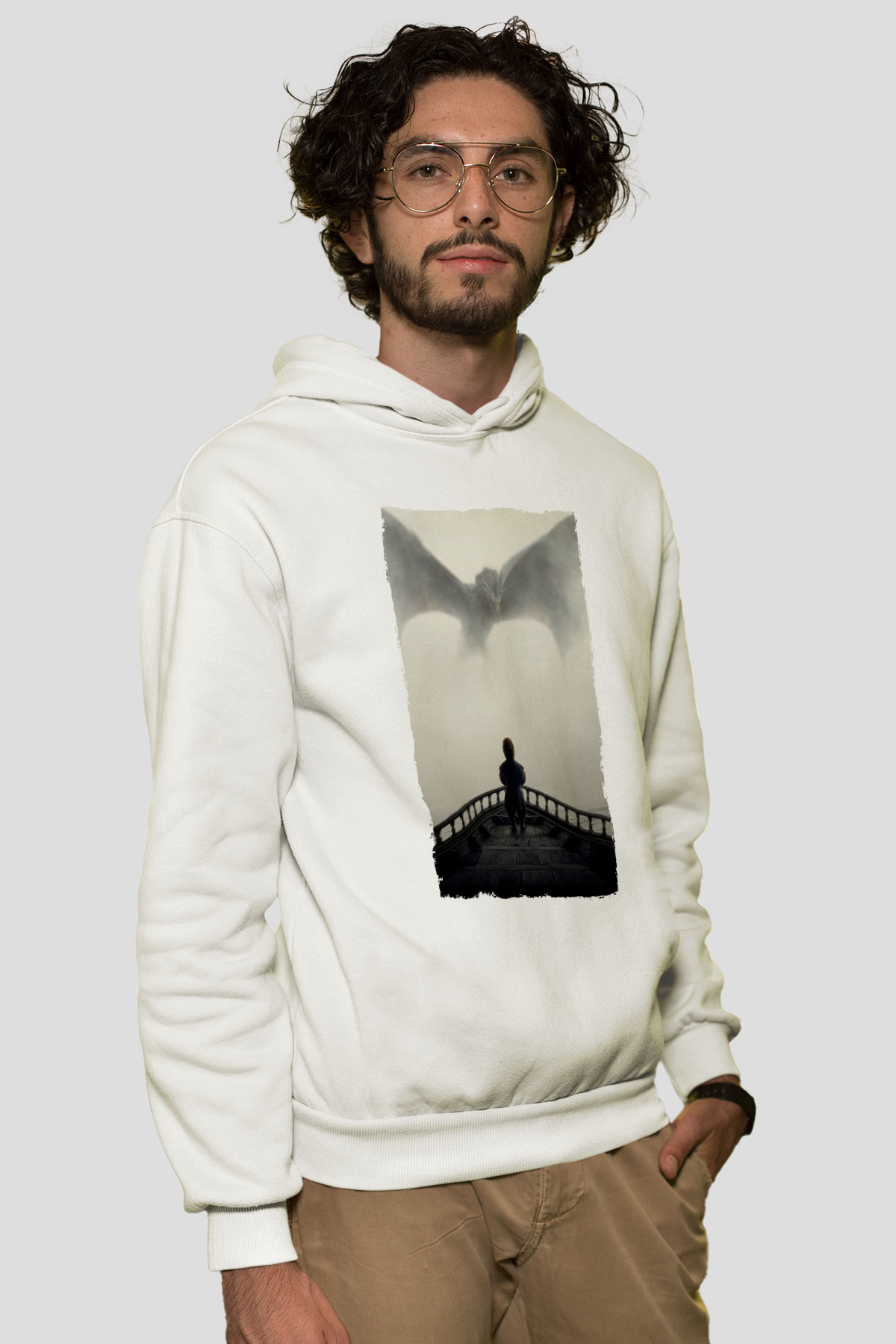 Unisex Game of Thrones Baskılı Beyaz Kapüşonlu Sweatshirt