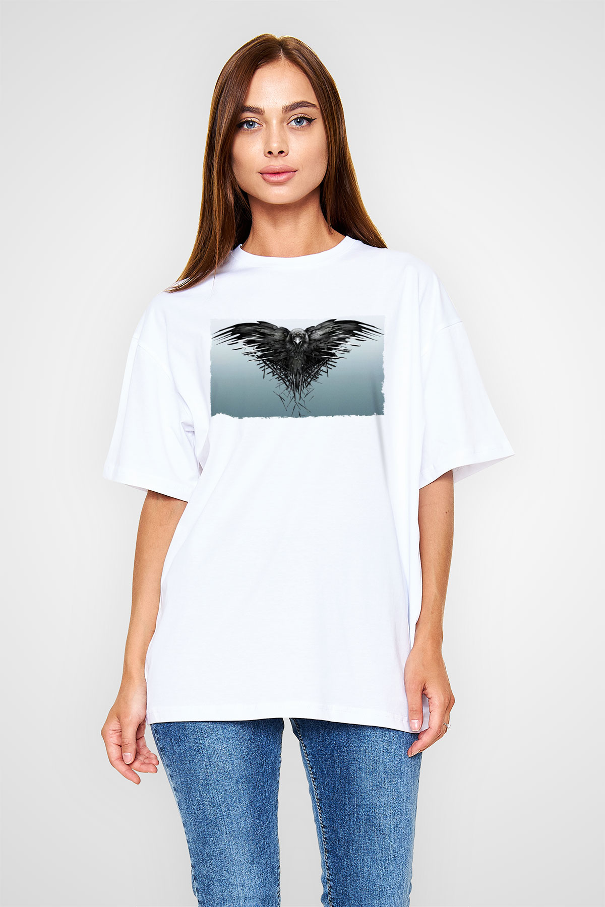 Unisex Game of Thrones Baskılı Beyaz Oversize Oversize T-shirt