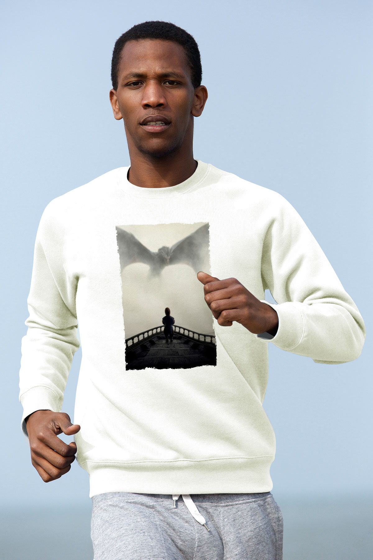 Unisex Game of Thrones Baskılı Beyaz Sweatshirt