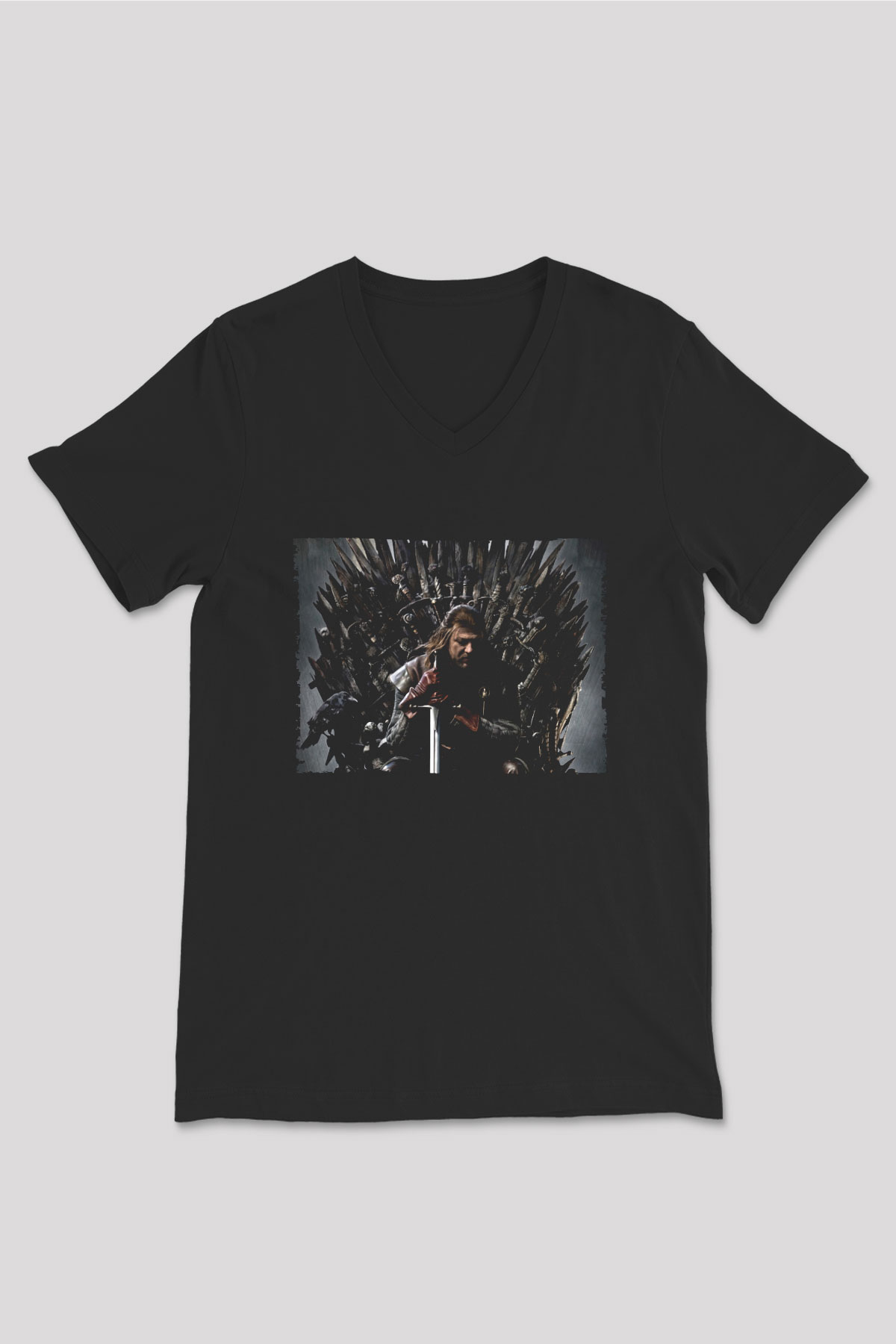 Unisex Game of Thrones Baskılı Siyah Unisex V Yaka Tshirt