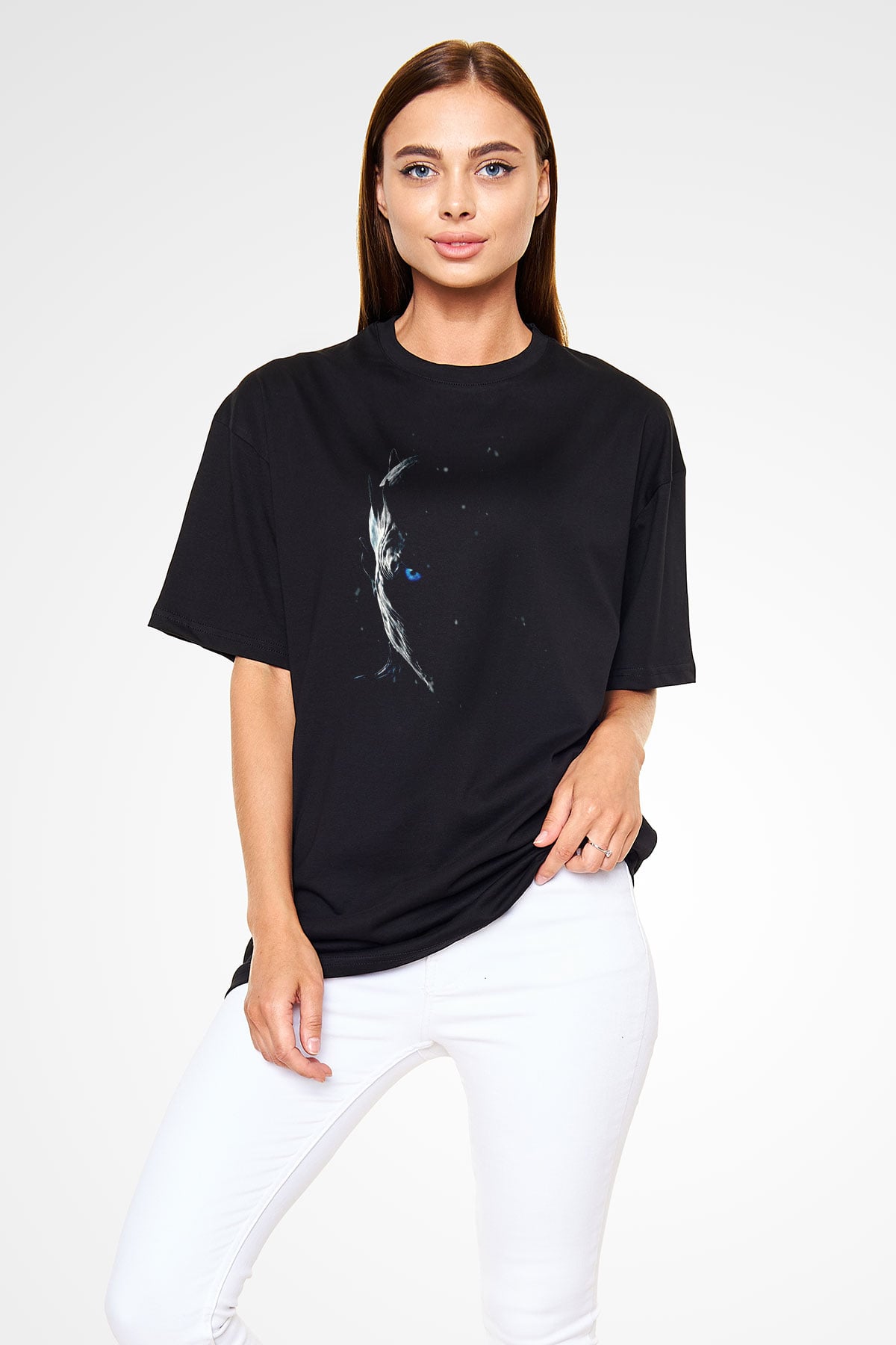Unisex Game of Thrones Baskılı Siyah Unisex Oversize T-shirt