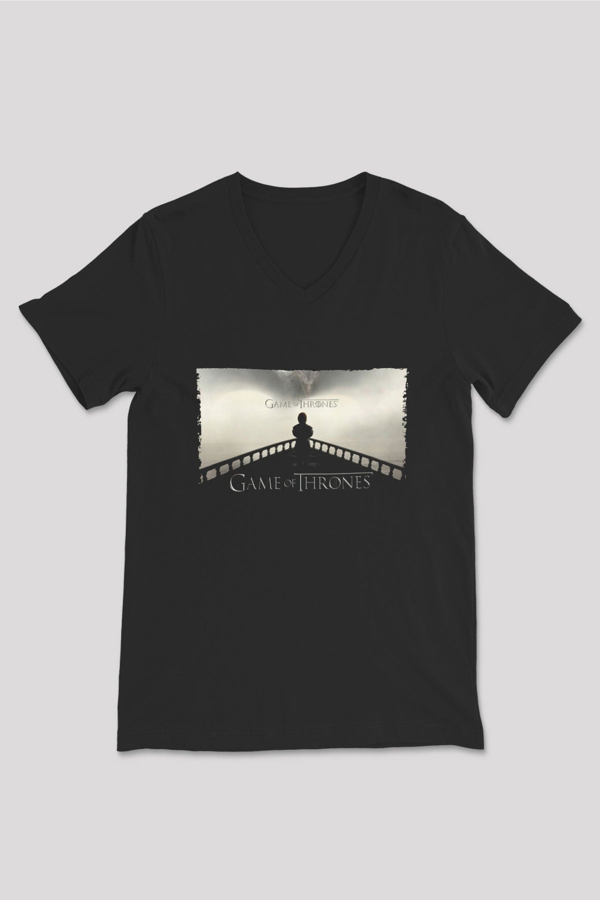 Unisex Game of Thrones Baskılı Siyah V Yaka Tişört