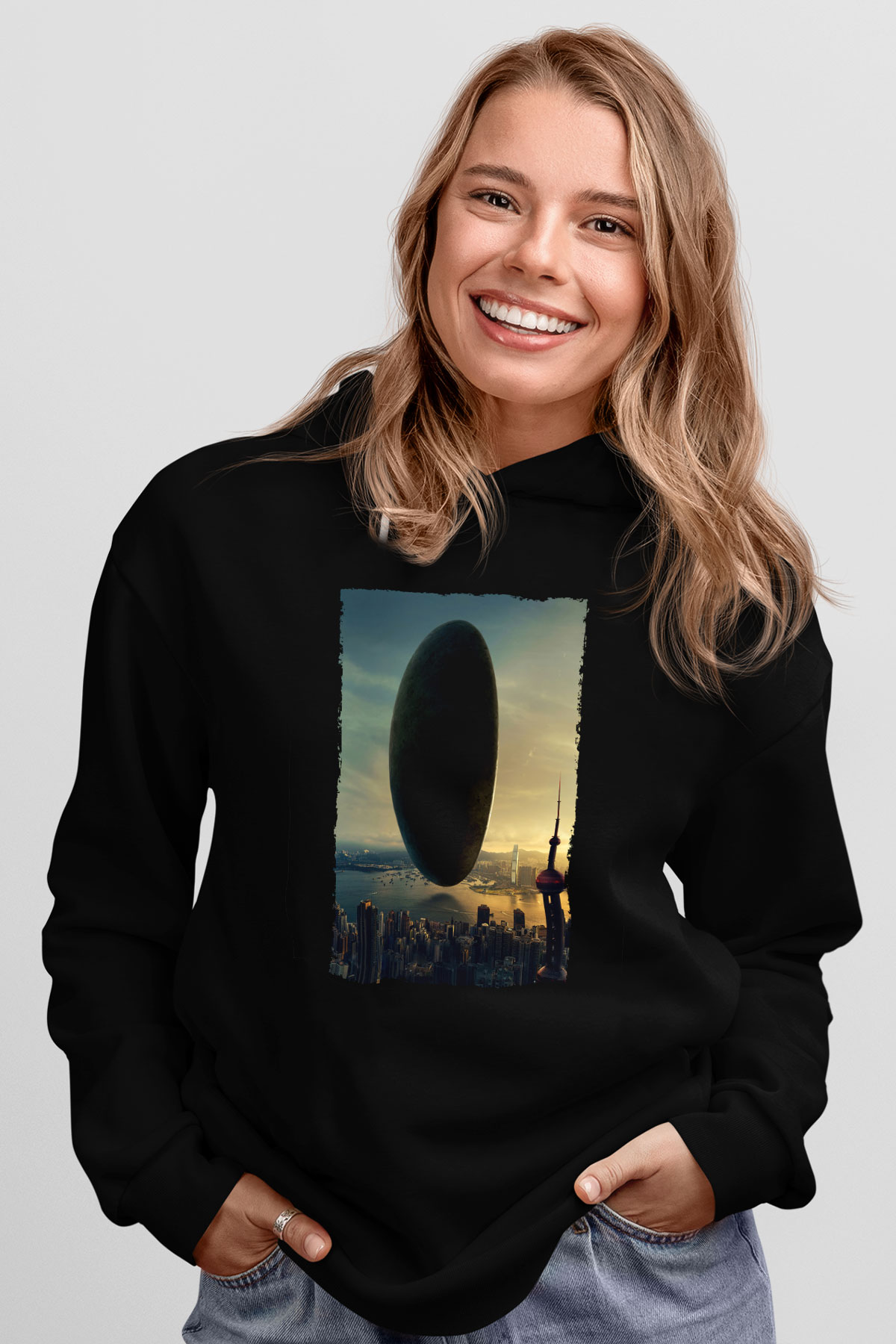 Unisex Geliş (Arrival) Baskılı Siyah Kapüşonlu Sweatshirt