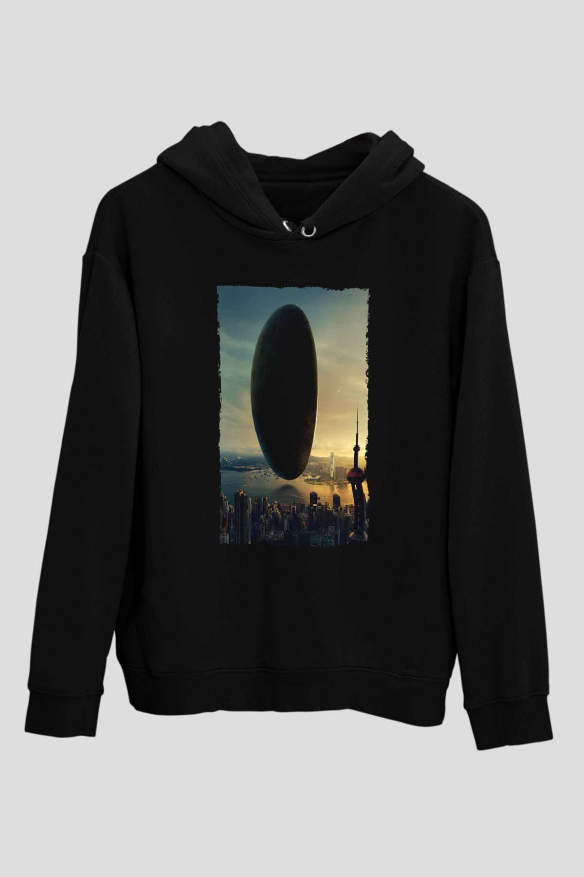 Unisex Geliş (Arrival) Baskılı Siyah Kapüşonlu Sweatshirt