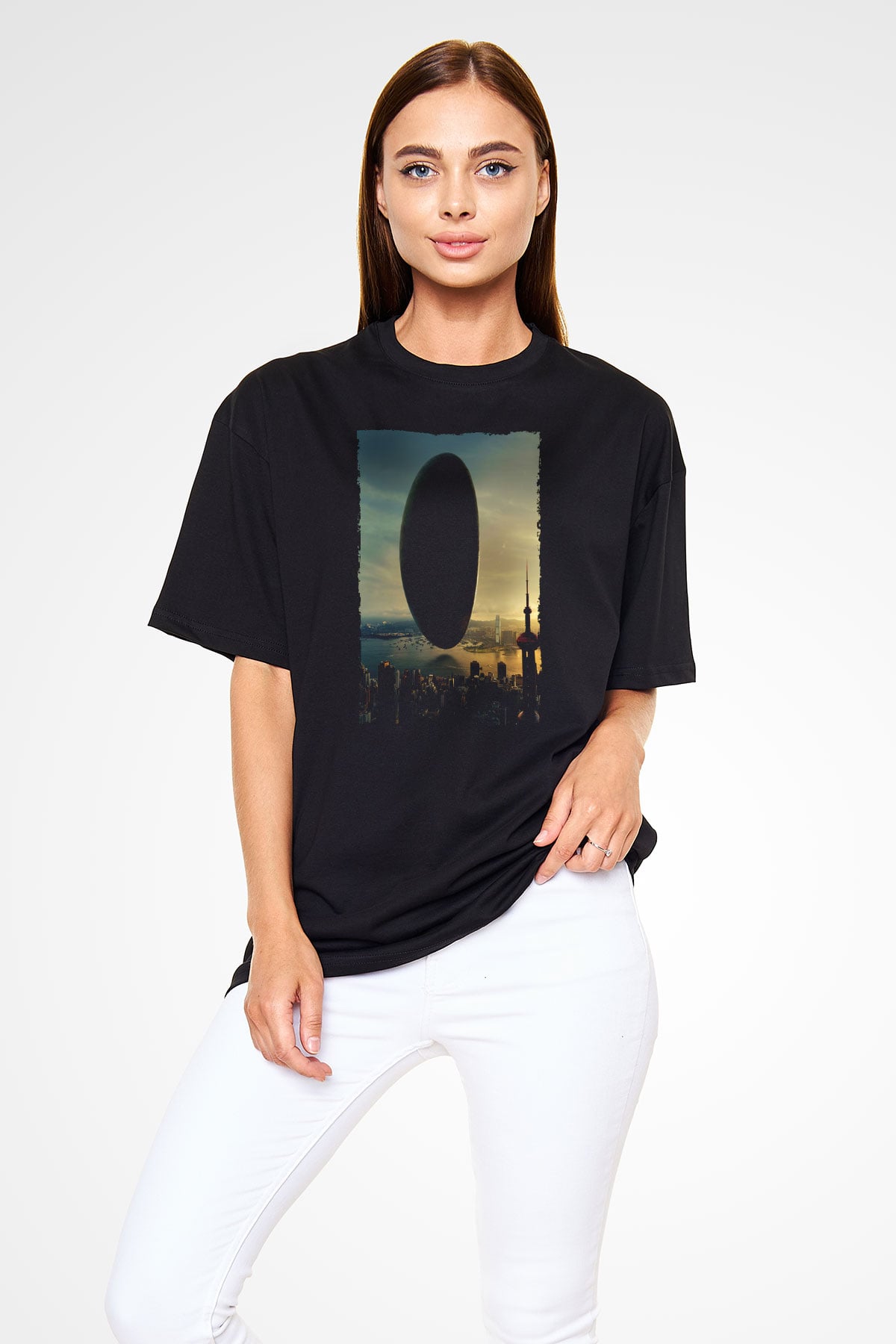 Unisex Geliş (Arrival) Baskılı Siyah Oversize Tshirt