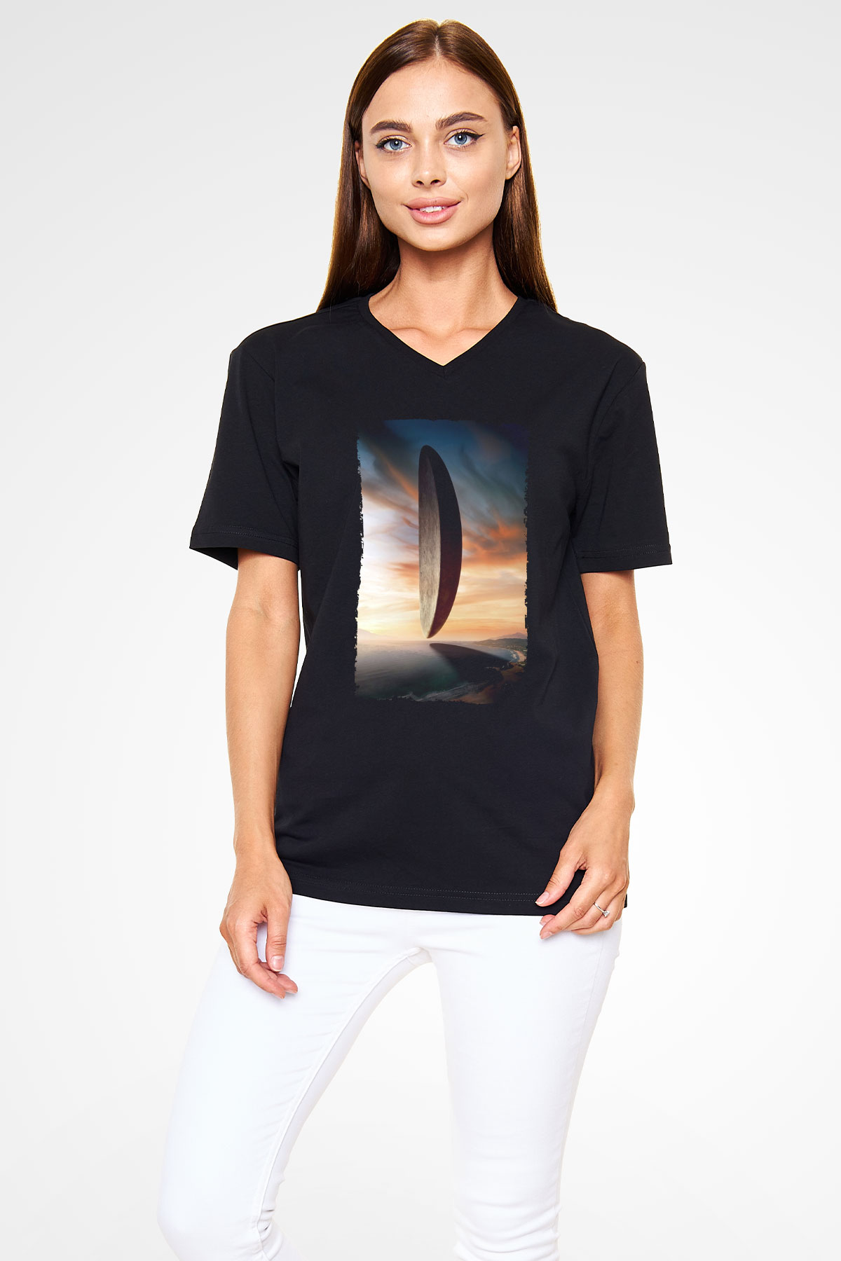 Unisex Geliş (Arrival) Baskılı Siyah V Yaka Tişört
