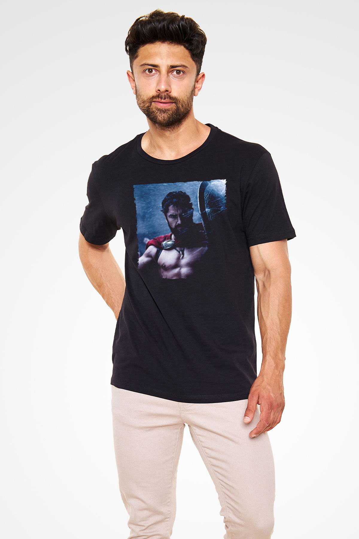 Gerard Butler 300 Spartalı Baskılı Siyah T-shirt