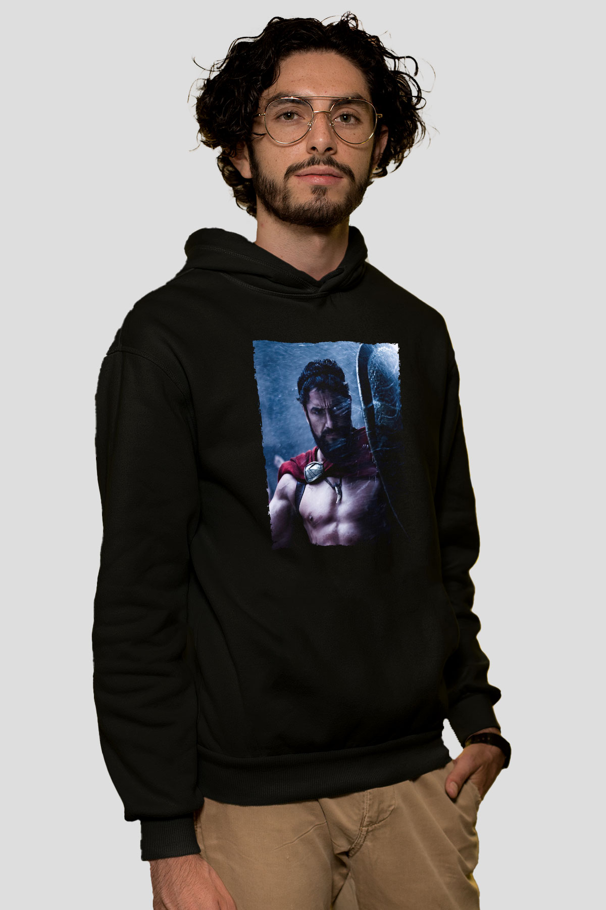 Unisex Gerard Butler 300 Spartalı Baskılı Siyah Kapüşonlu Sweatshirt