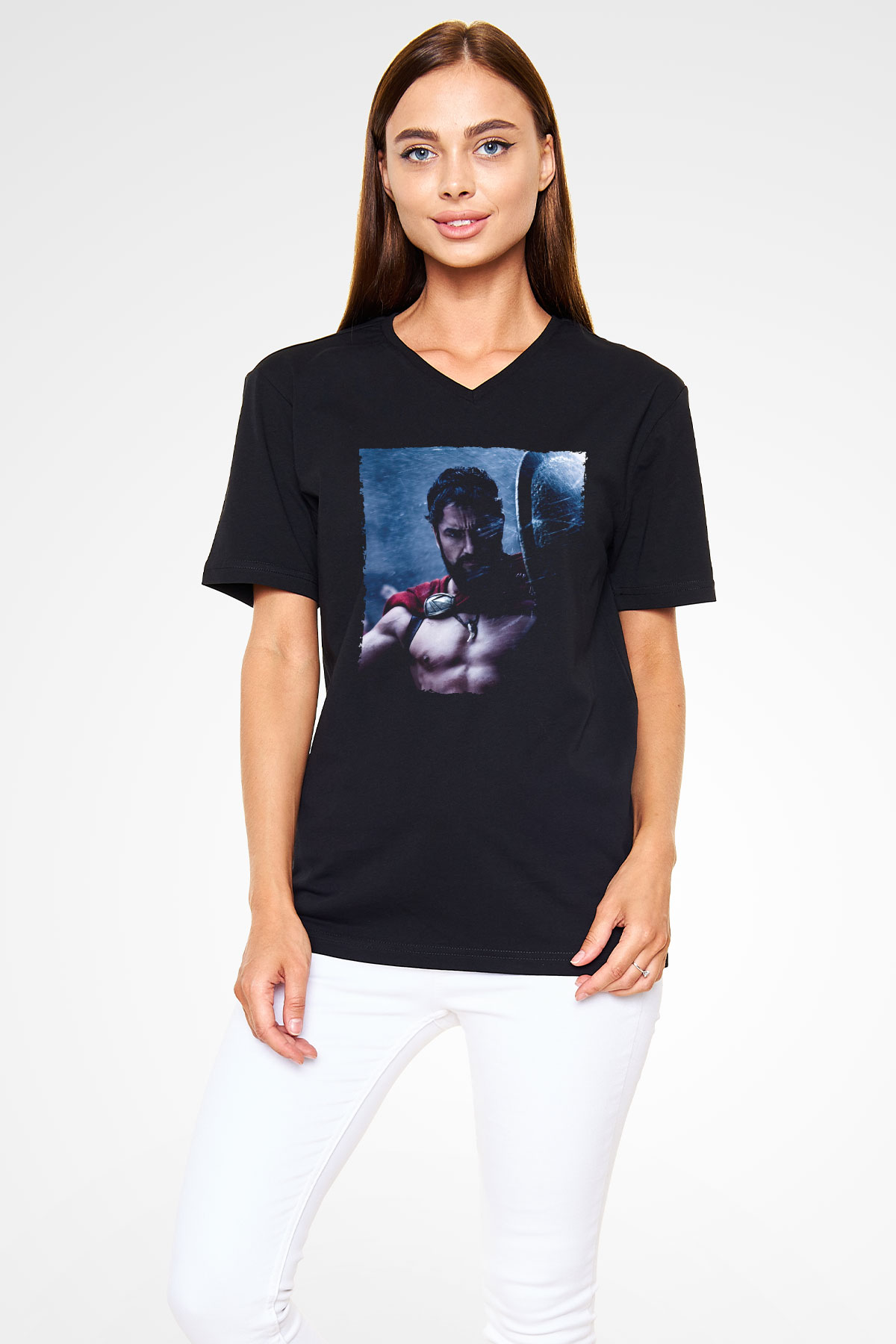 Unisex Gerard Butler 300 Spartalı Baskılı Siyah V Yaka T-shirt