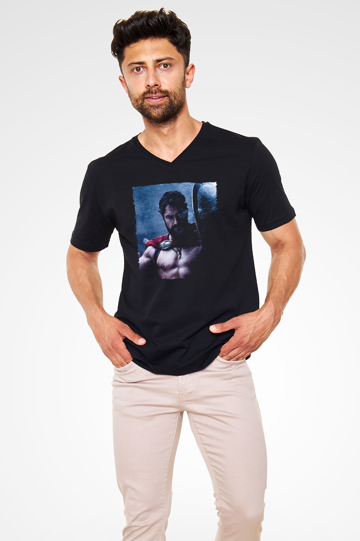Unisex Gerard Butler 300 Spartalı Baskılı Siyah V Yaka T-shirt