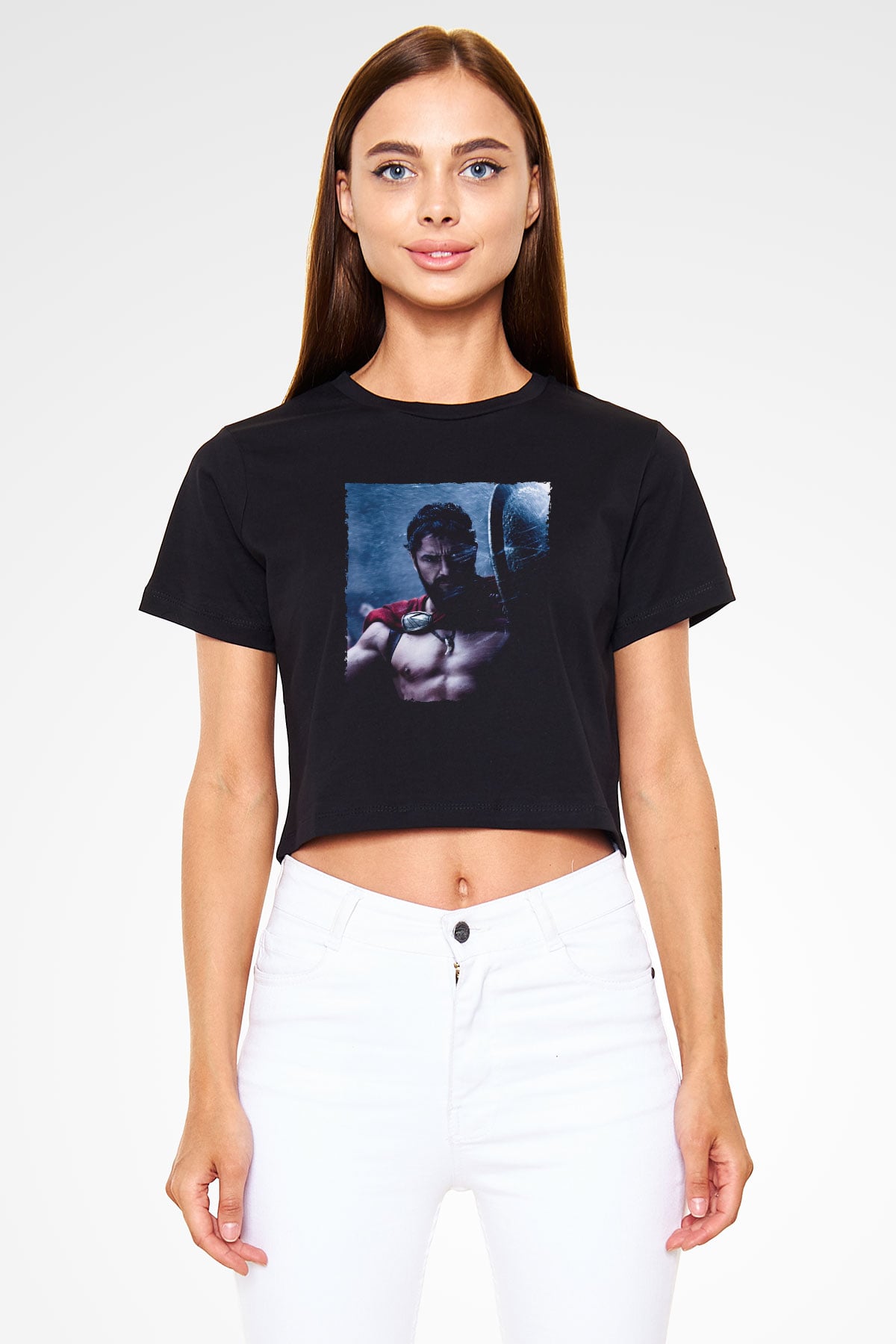 Unisex Gerard Butler 300 Spartalı Baskılı Siyah Crop Top T-shirt