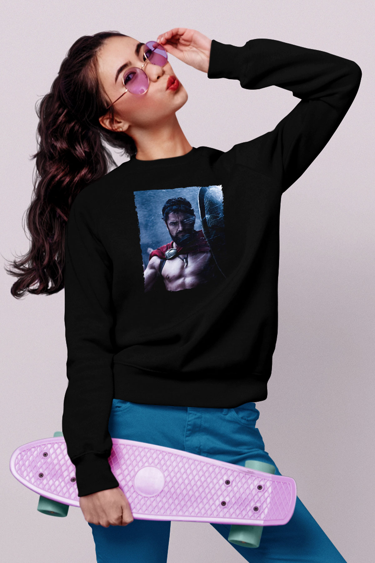 Unisex Gerard Butler 300 Spartalı Baskılı Siyah Sweatshirt