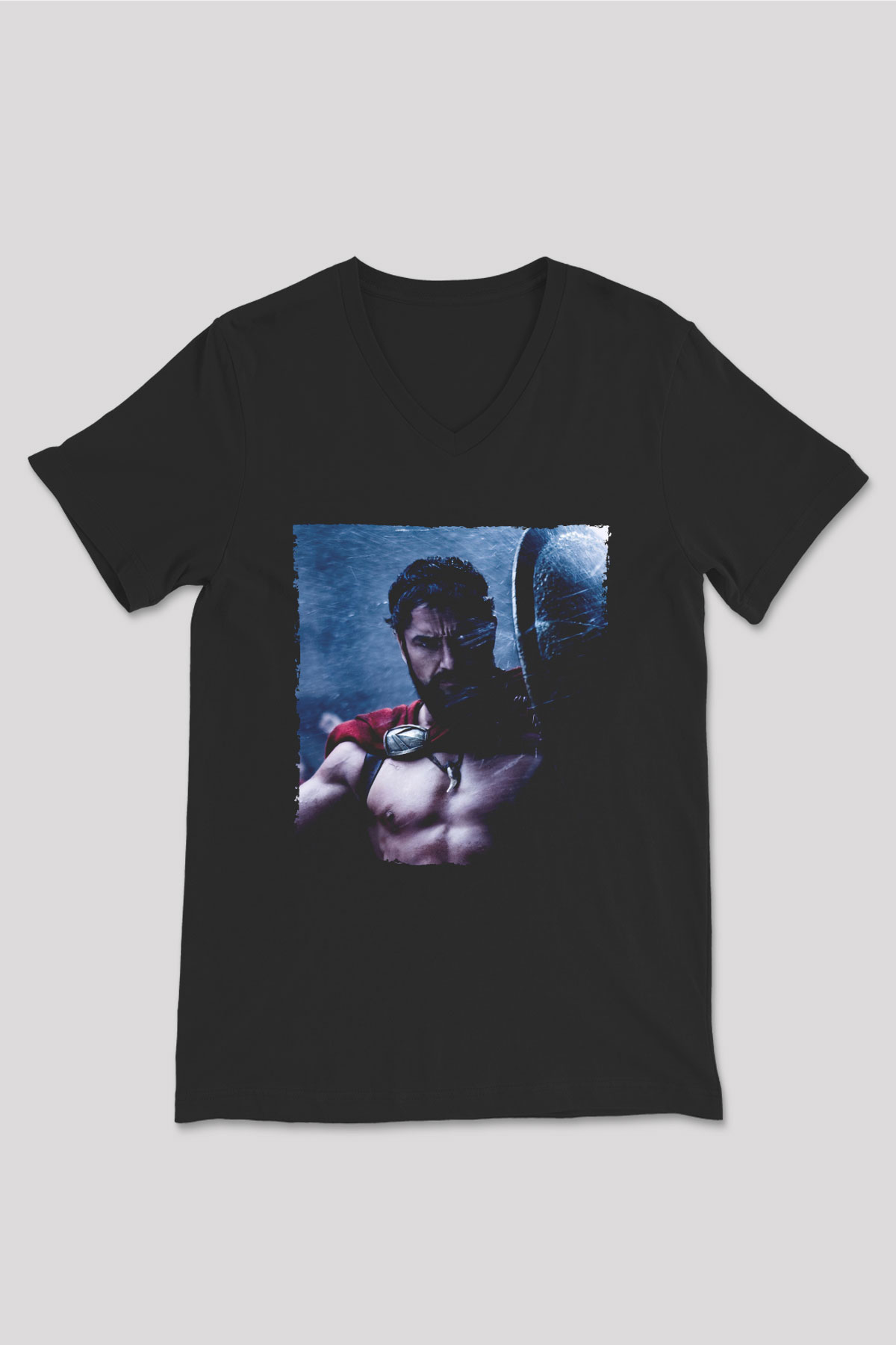 Unisex Gerard Butler 300 Spartalı Baskılı Siyah V Yaka T-shirt