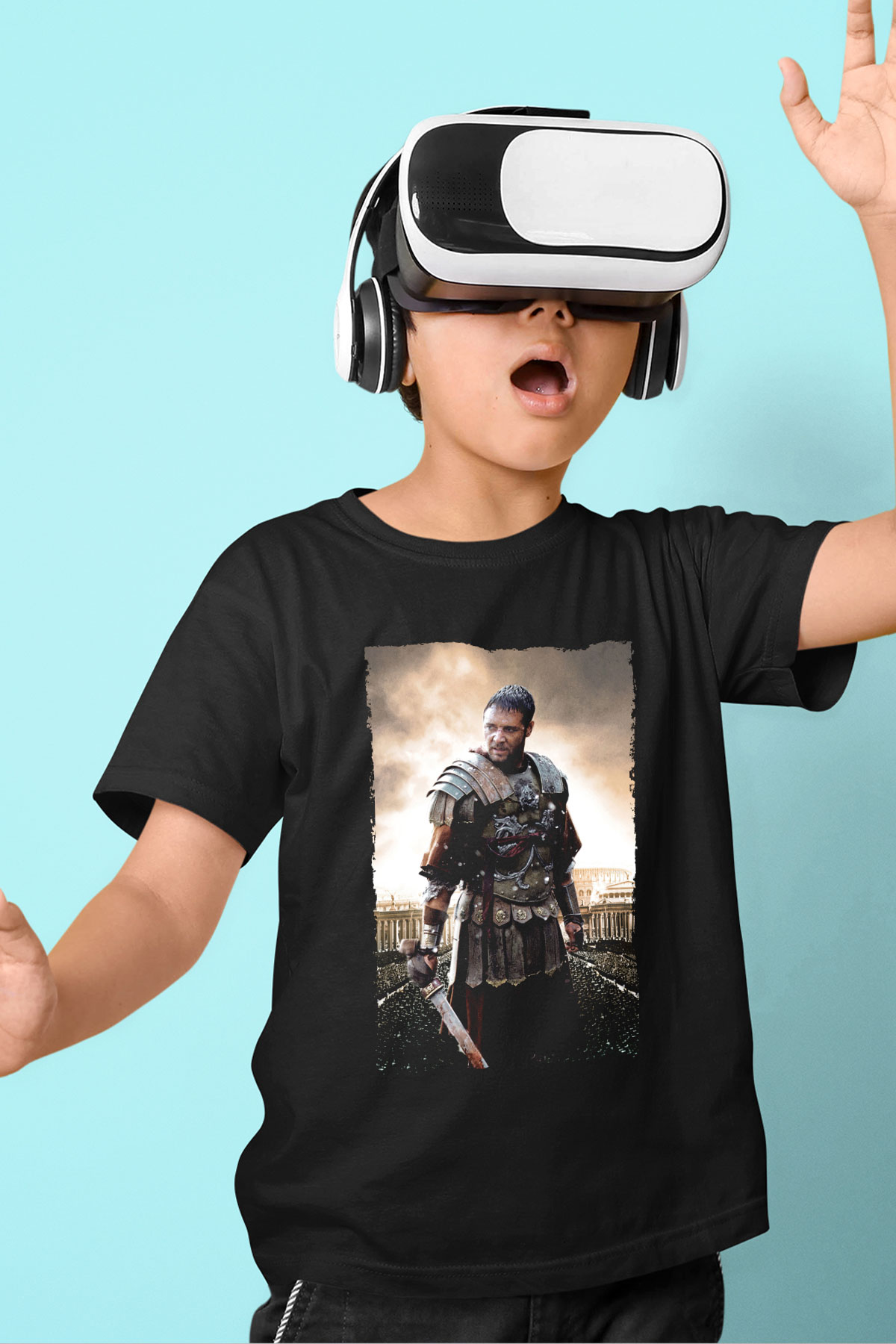 Unisex Gladyatör Baskılı Siyah Çocuk T-shirt