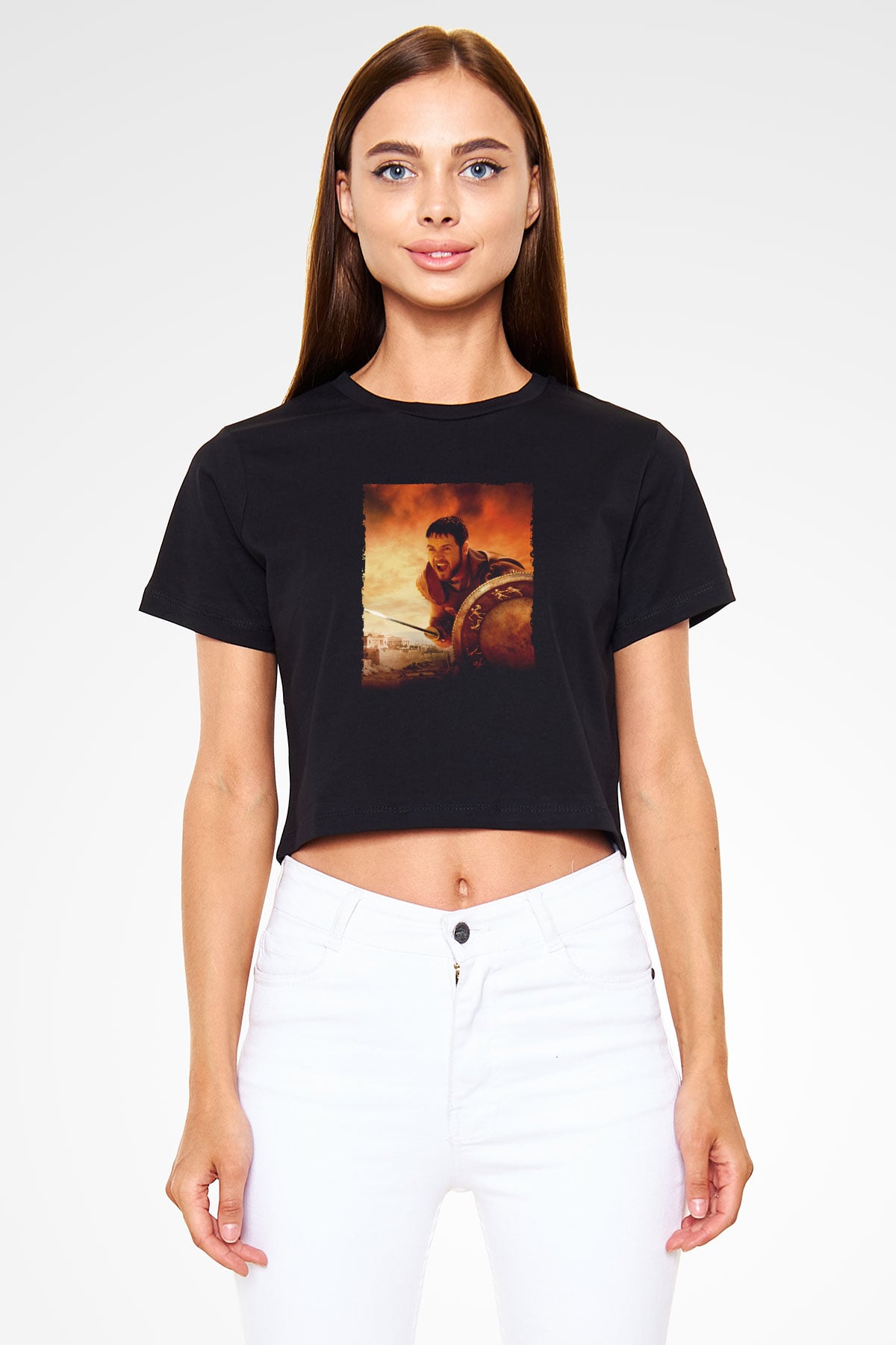 Unisex Gladyatör Baskılı Siyah Crop Top Tişört
