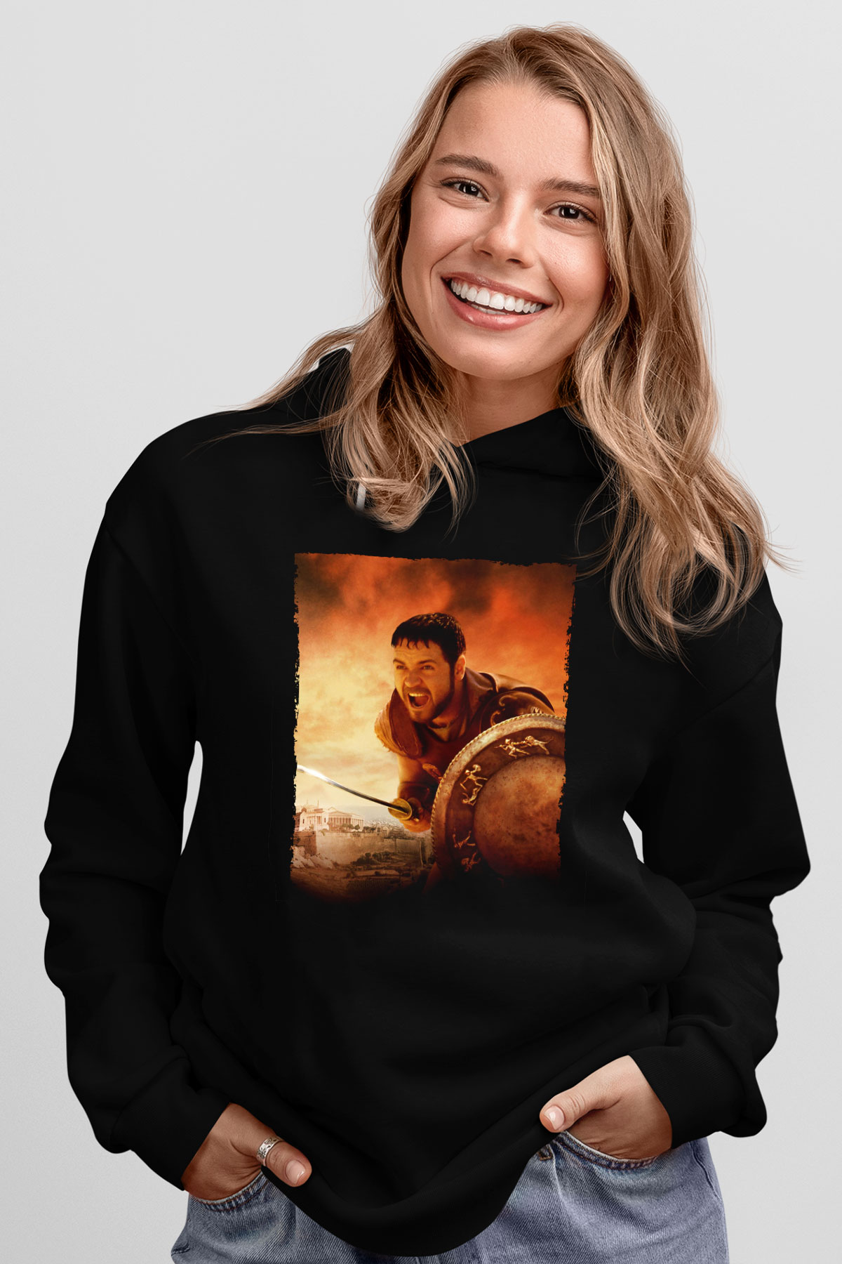 Unisex Gladyatör Baskılı Siyah Kapüşonlu Sweatshirt