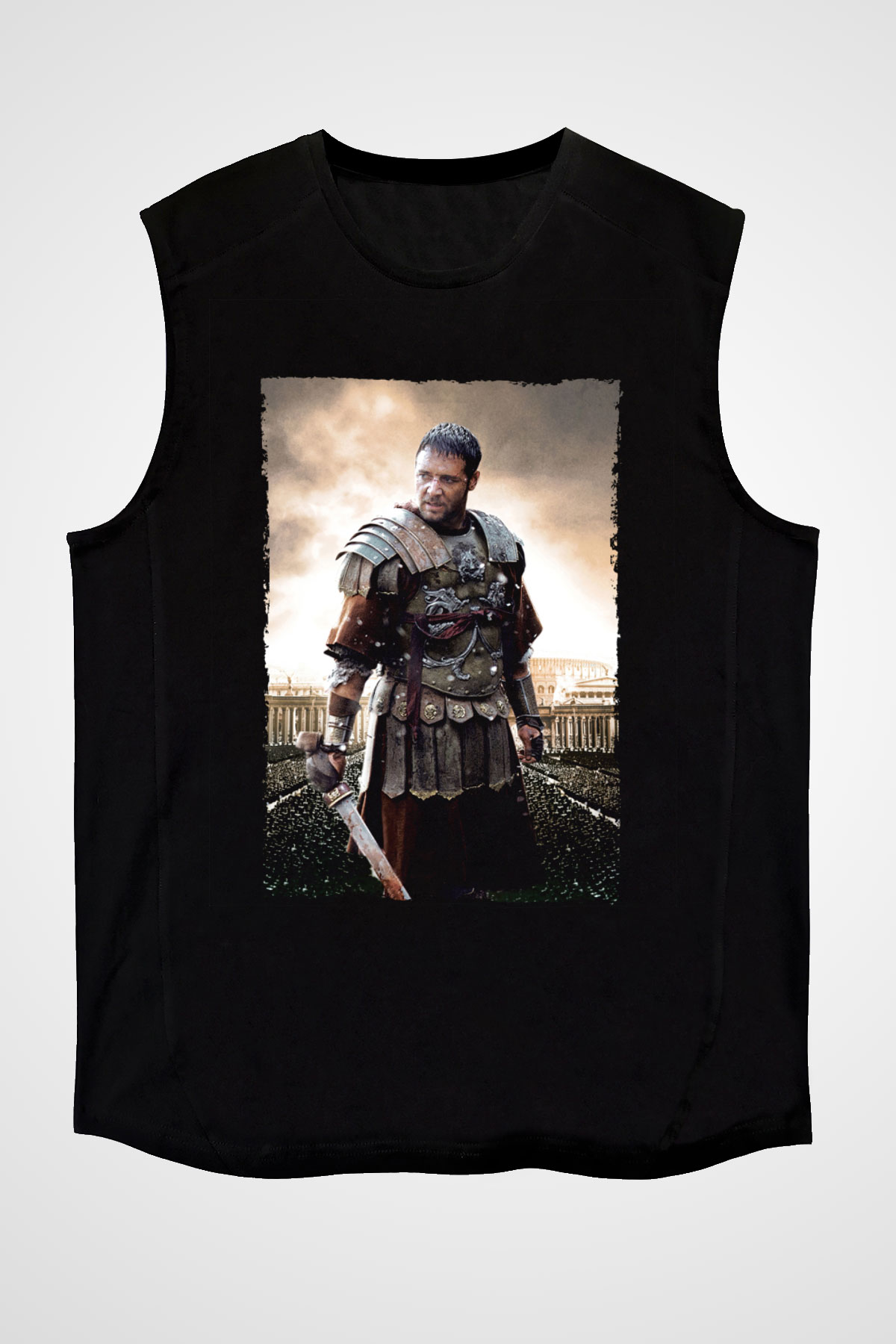 Unisex Gladyatör Baskılı Siyah Kolsuz T-shirt