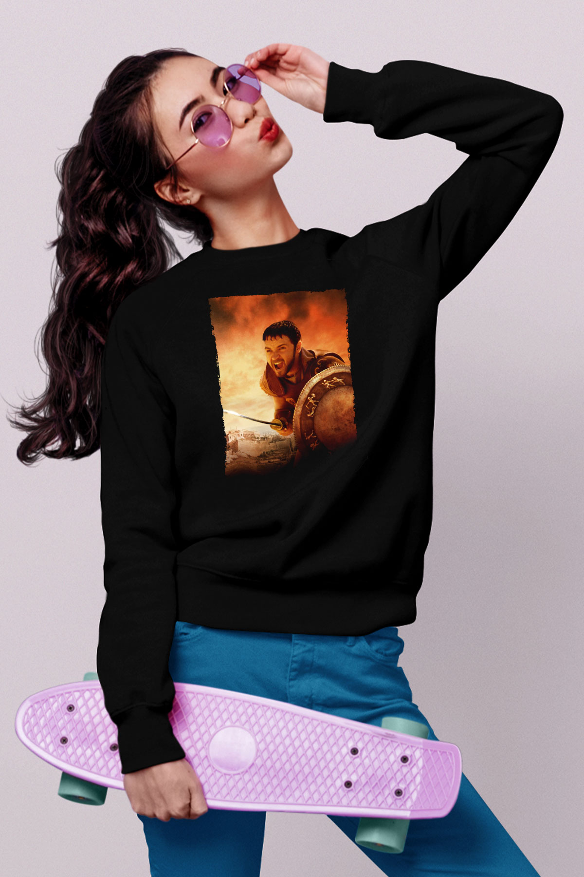 Unisex Gladyatör Baskılı Siyah Sweatshirt