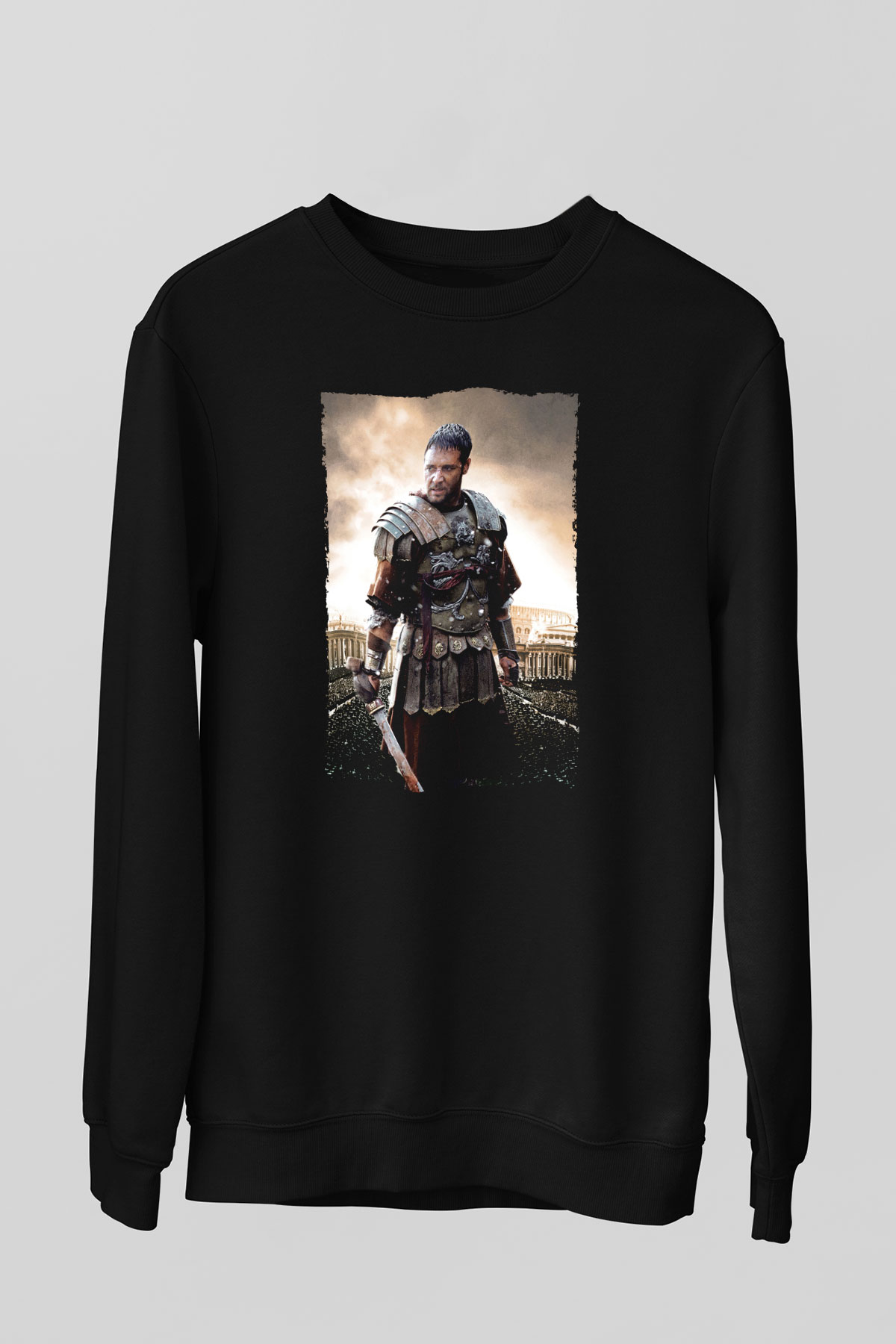 Unisex Gladyatör Baskılı Siyah Sweatshirt