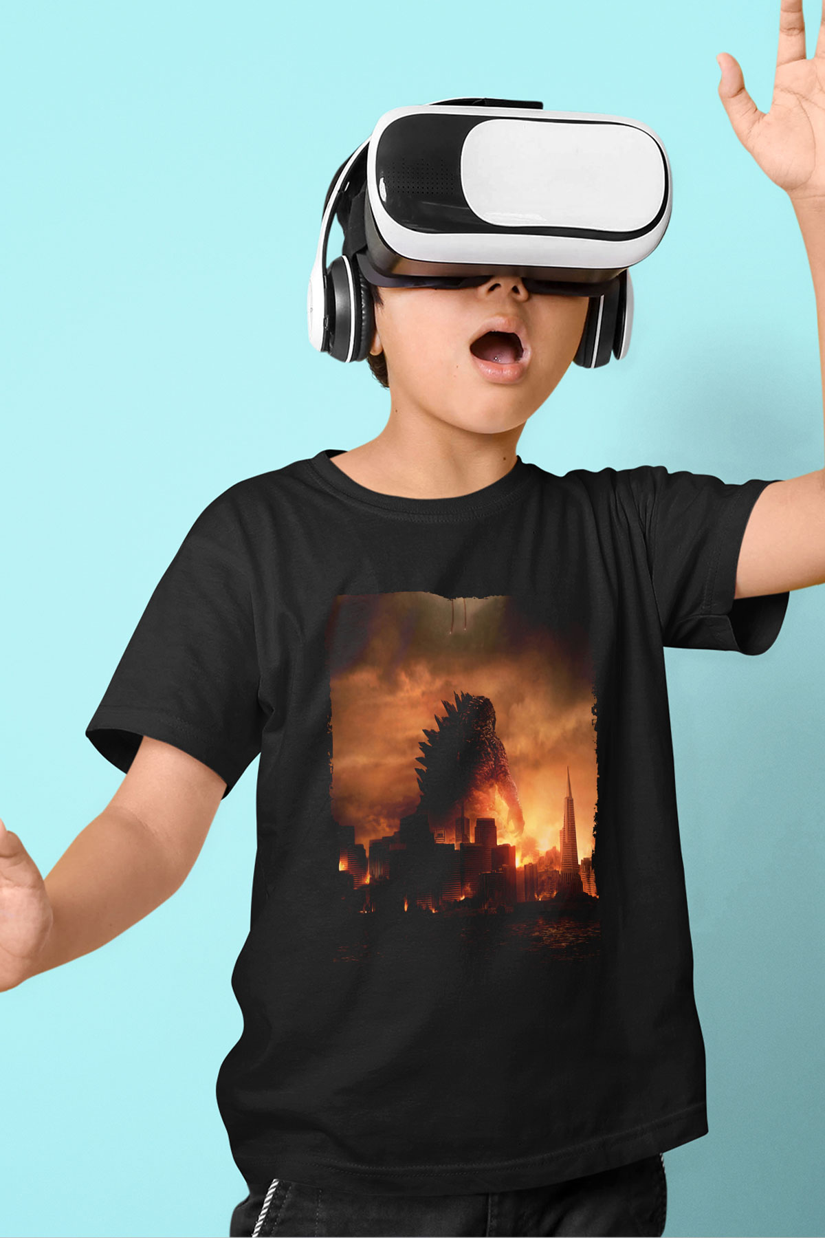 Unisex Godzilla Baskılı Siyah Çocuk Tshirt