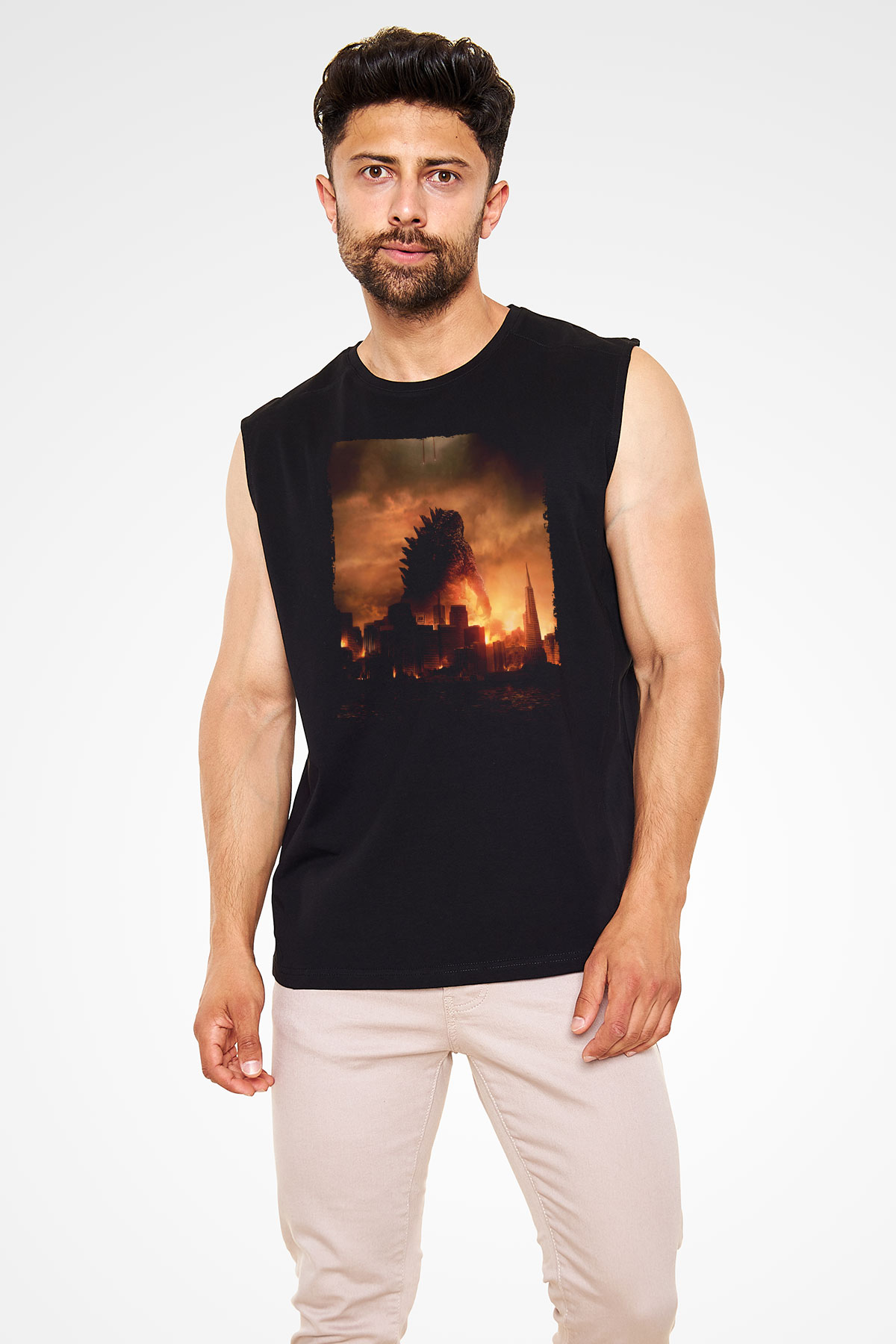Unisex Godzilla Baskılı Siyah Kolsuz Tshirt