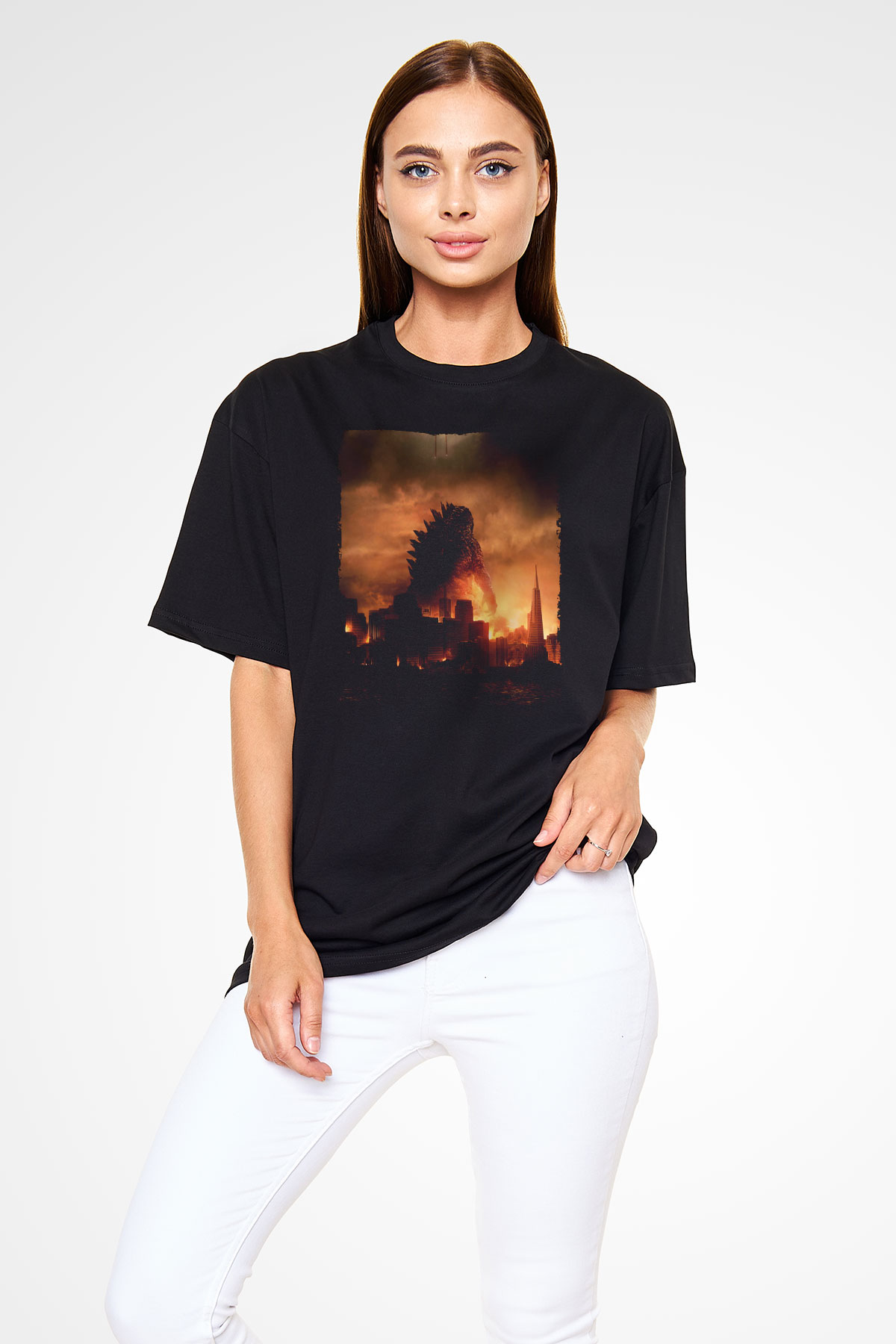 Unisex Godzilla Baskılı Siyah Oversize Tshirt